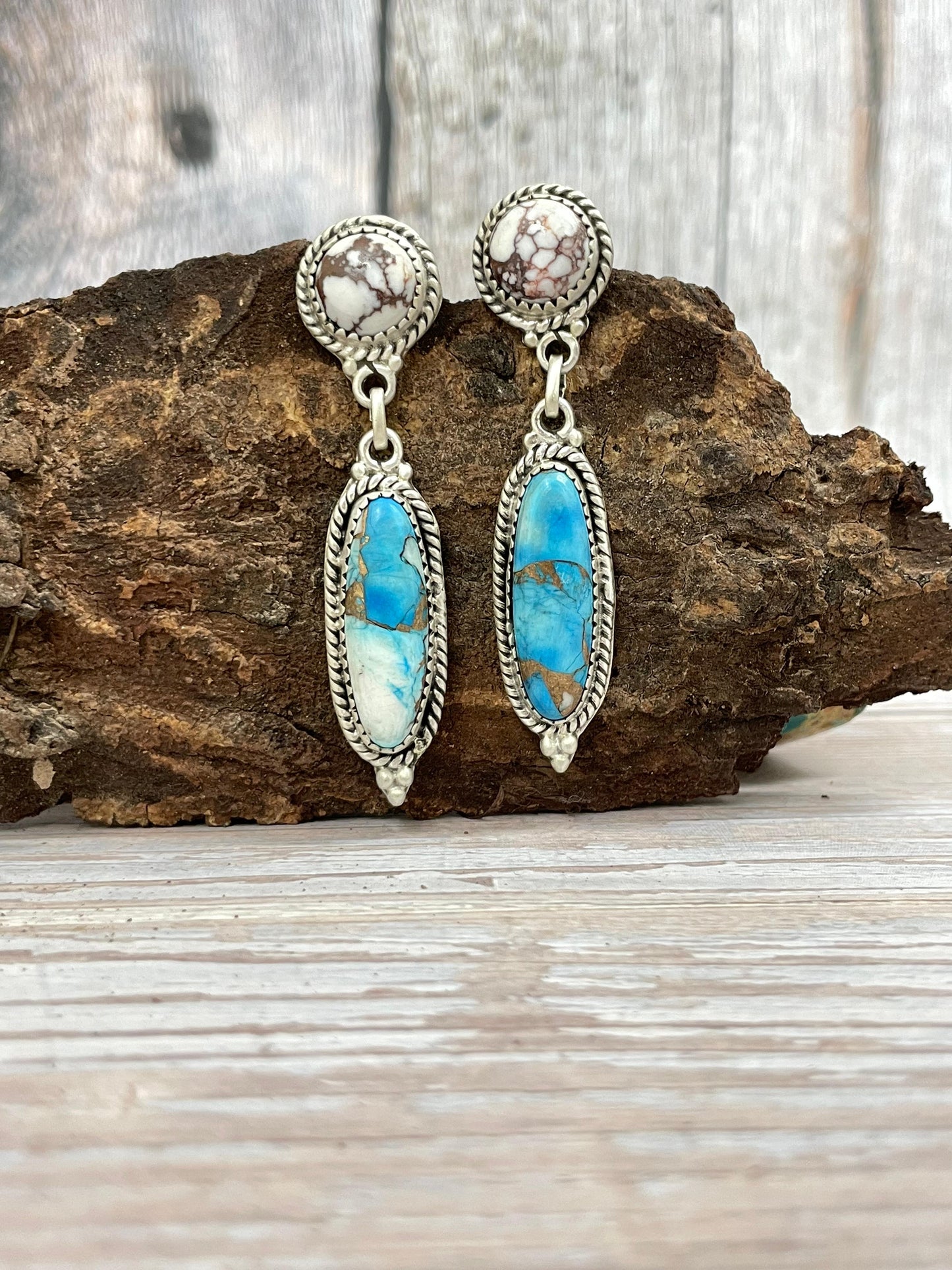 Handmade Sterling Silver Ice Blue Dahlia with Wild Horse Dangle Earrings, Signed Nizhoni
