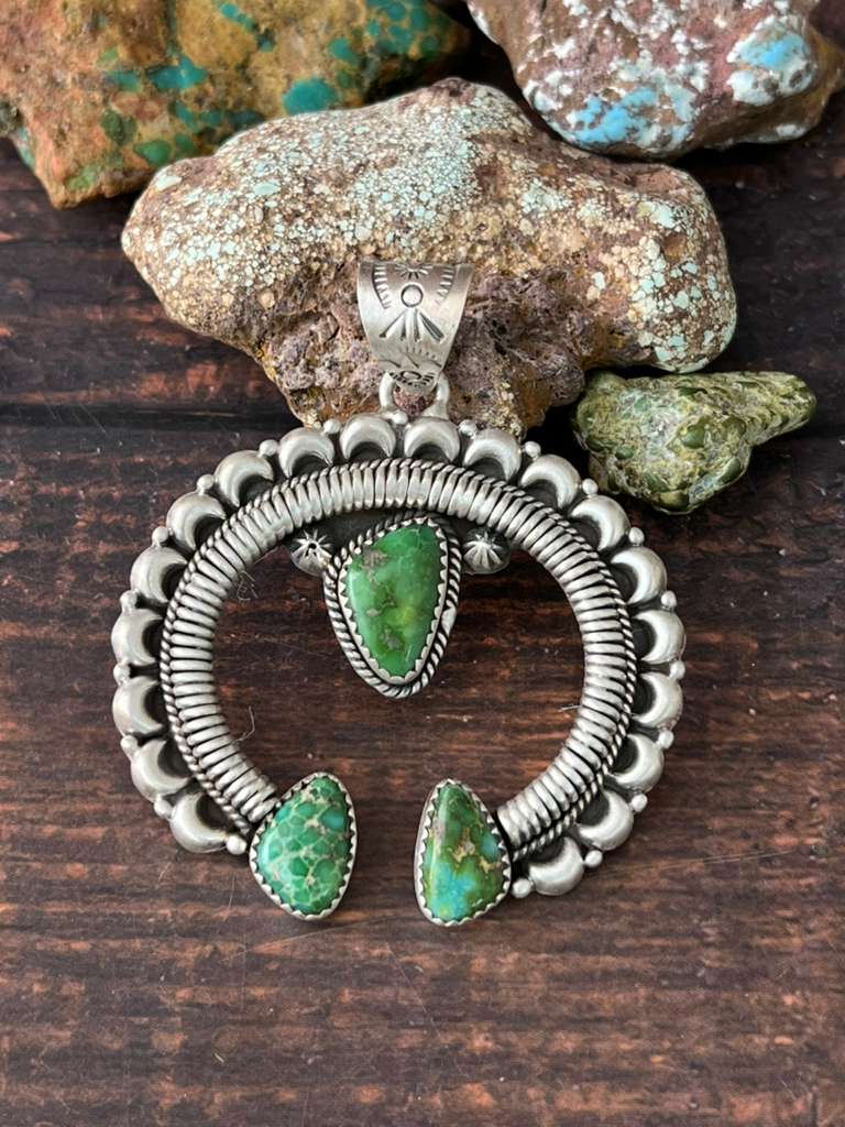 Handmade Sterling Silver Sonoran Mountain Turquoise Pendant with Signed Nizhoni