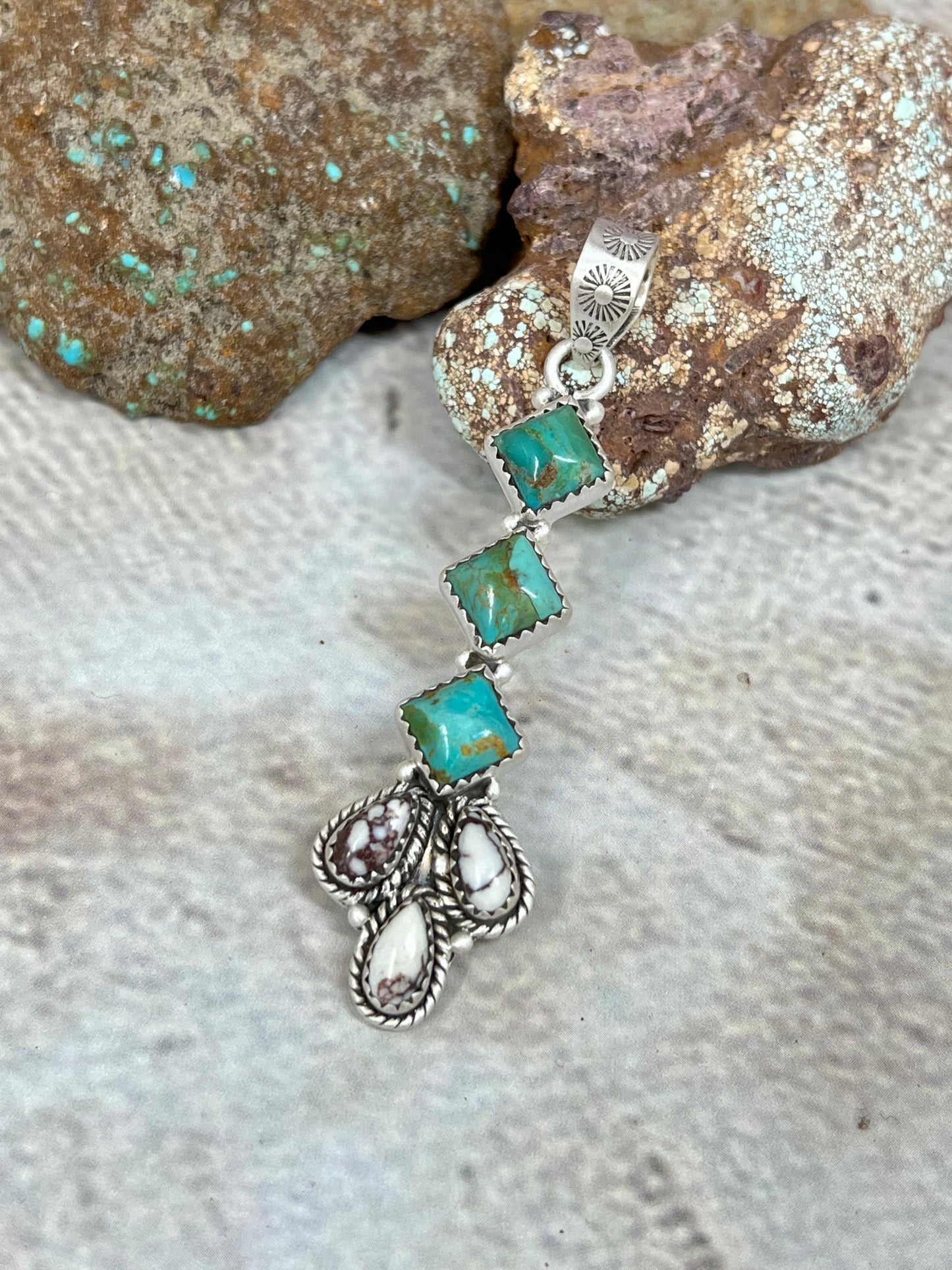 Handmade Sterling Silver Kingman Turquoise with Wild Horse Magnesite Pendant Signed Nizhoni