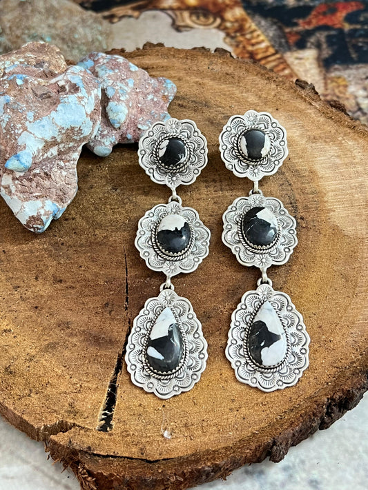 Handmade Sterling Silver White Buffalo Post Dangle Earrings with Signed Nizhoni