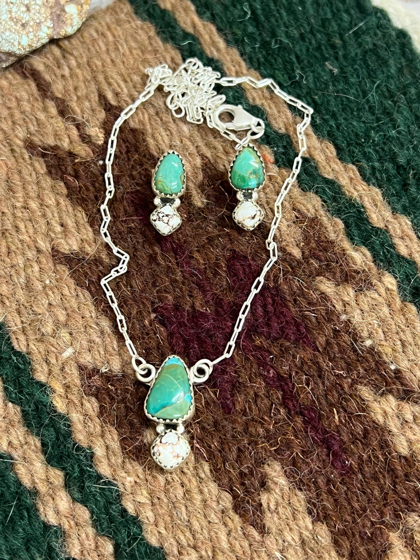 Handmade Sterling Silver Kingman Turquoise, Wild Horse Magnesite Necklace Earrings Set with Signed Nizhoni