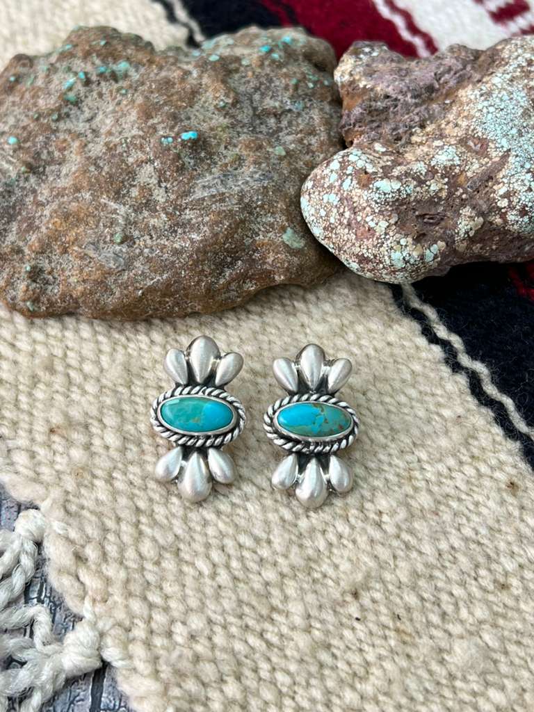 Handmade Sterling Silver Kingman Turquoise Post Studs with Signed Nizhoni