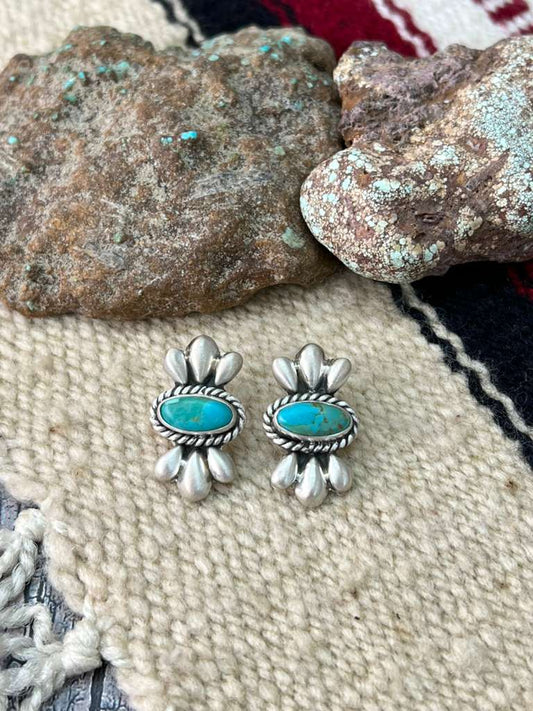 Handmade Sterling Silver Kingman Turquoise Post Studs with Signed Nizhoni