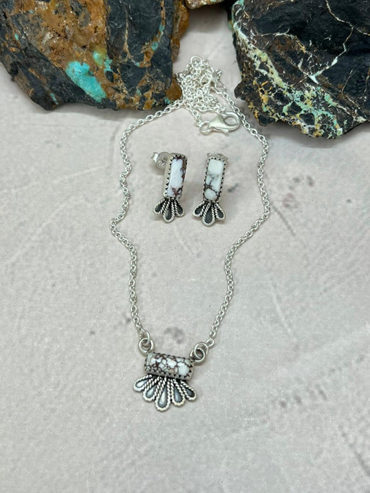 Handmade Sterling Silver Wildhorse Magnesite Necklace Earrings Set "Signed Nizhoni"