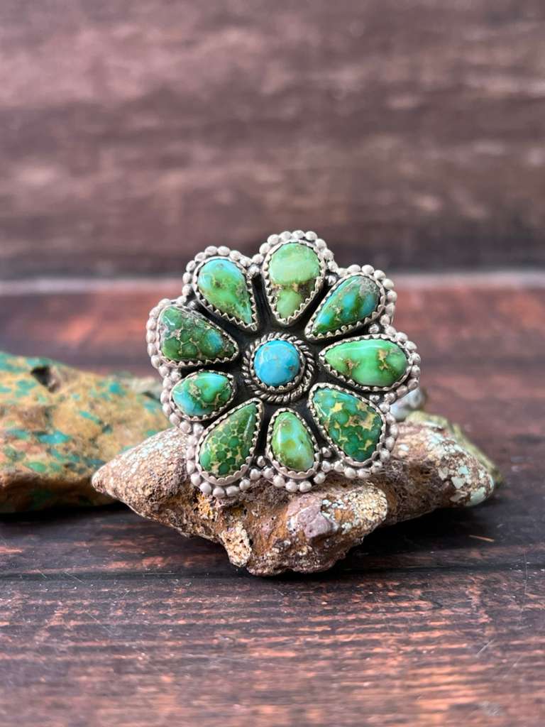 Handmade Sterling Silver Sonoran Mountain Turquoise with White Water Turquoise Adjustable Rings, Signed Nizhoni