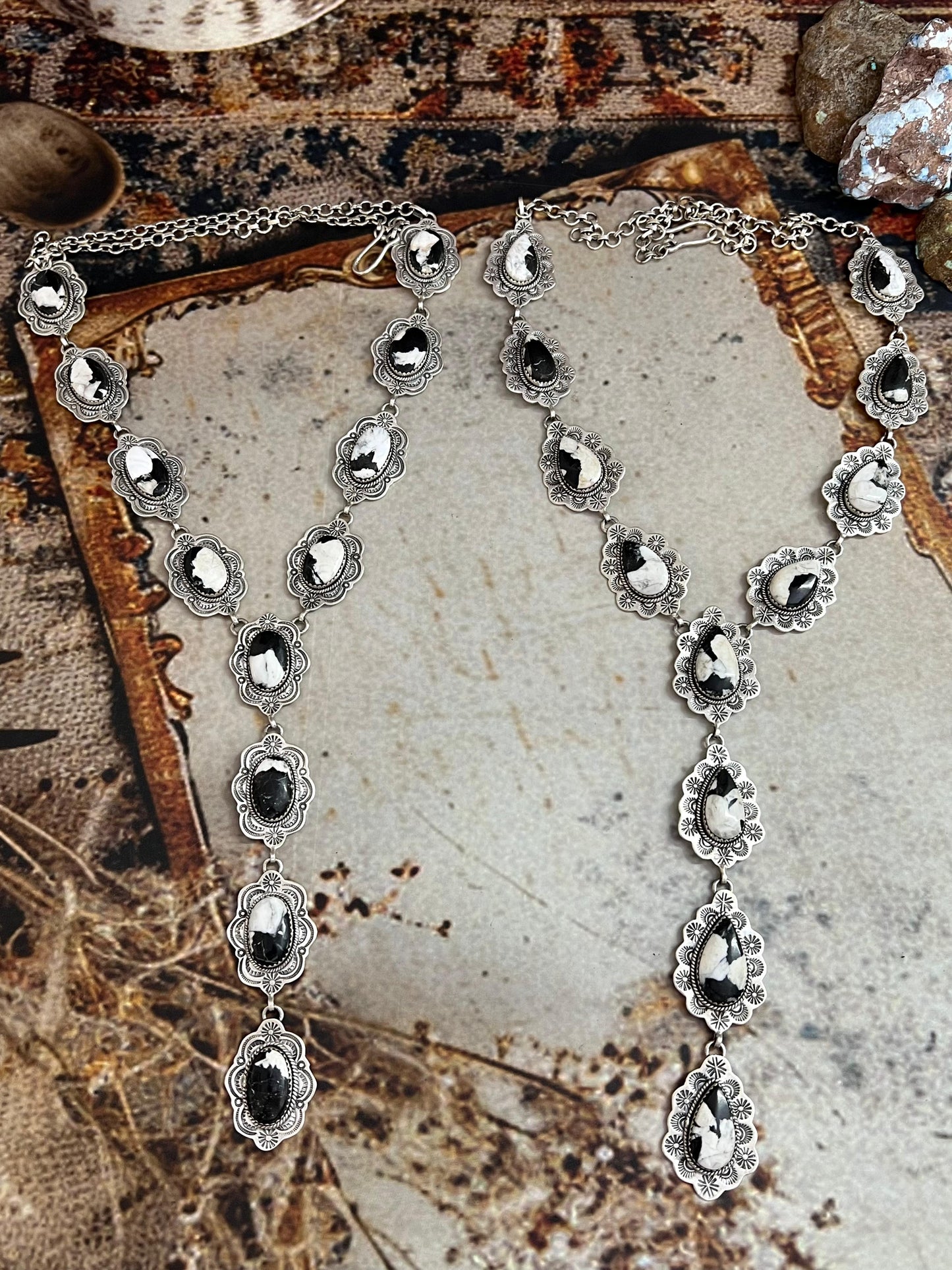 Handmade Sterling Silver White Buffalo Lariat Necklace with Signed Nizhoni