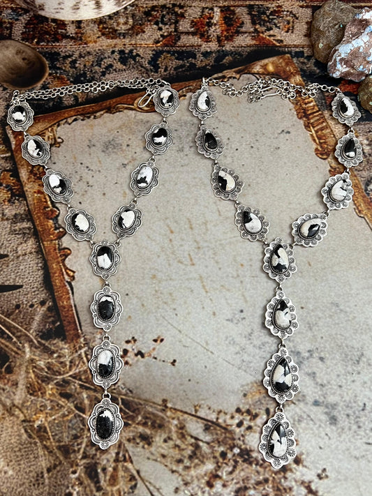 Handmade Sterling Silver White Buffalo Lariat Necklace with Signed Nizhoni