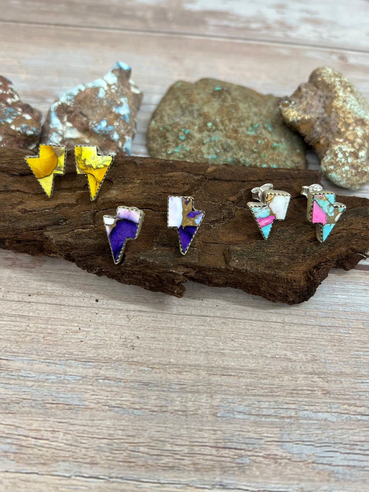 Handmade Sterling Silver Multi Stone Lightning Bolt Studs with Signed Nizhoni