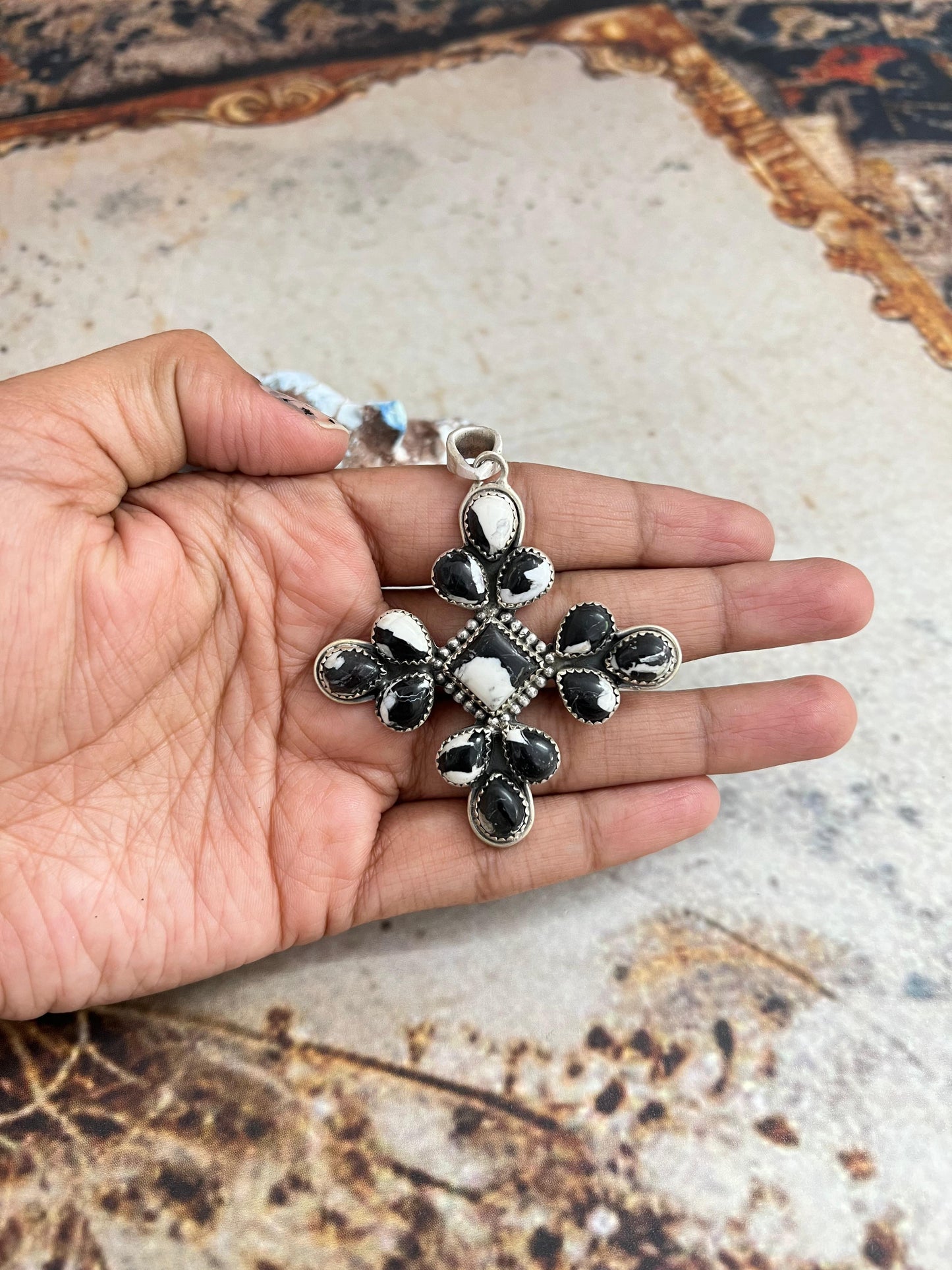 Handmade Sterling Silver White Buffalo Pendant with Signed Nizhoni