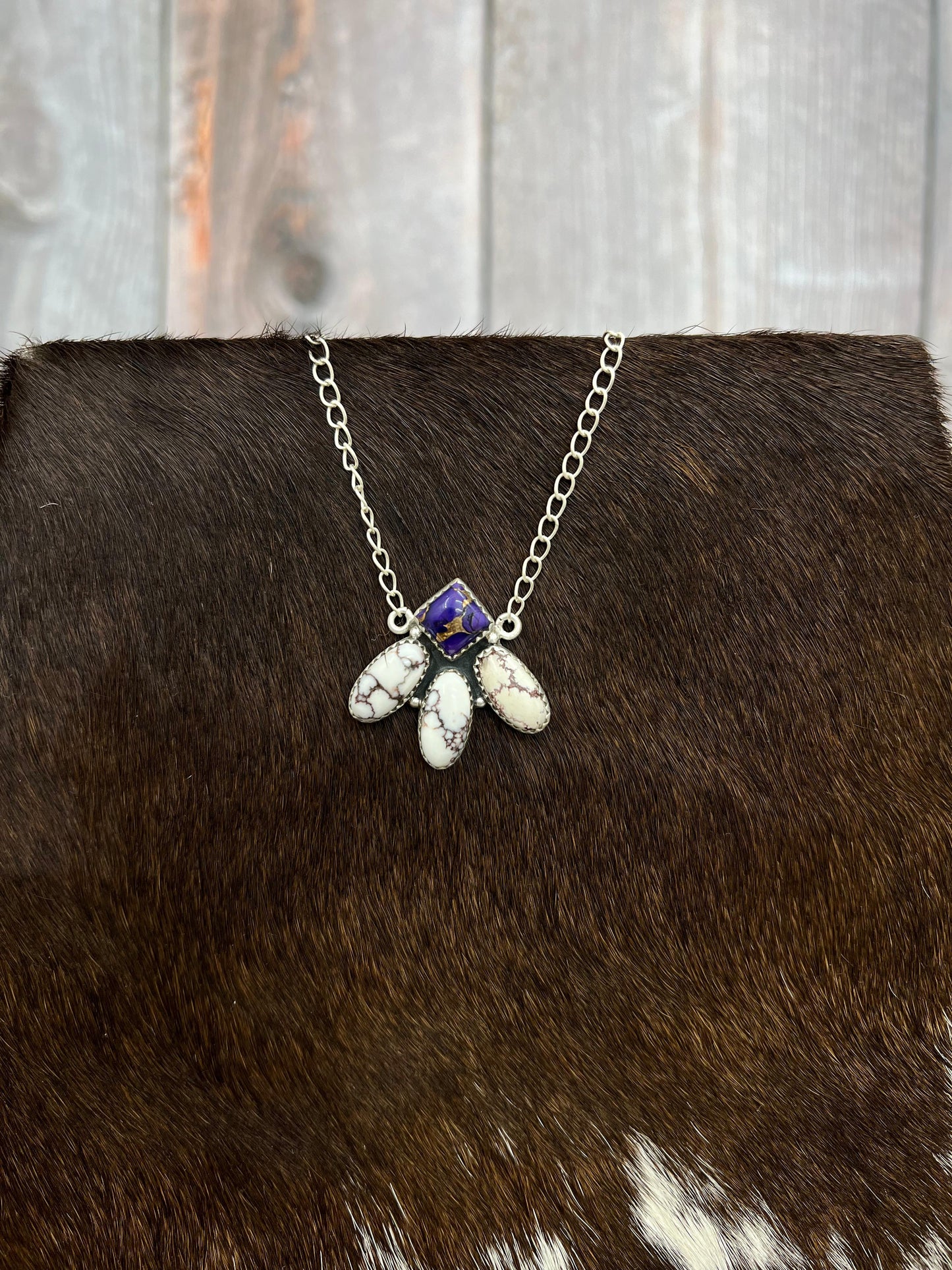 Handmade Sterling Silver Grape Dahlia with Wild Horse Necklace with Signed Nizhoni
