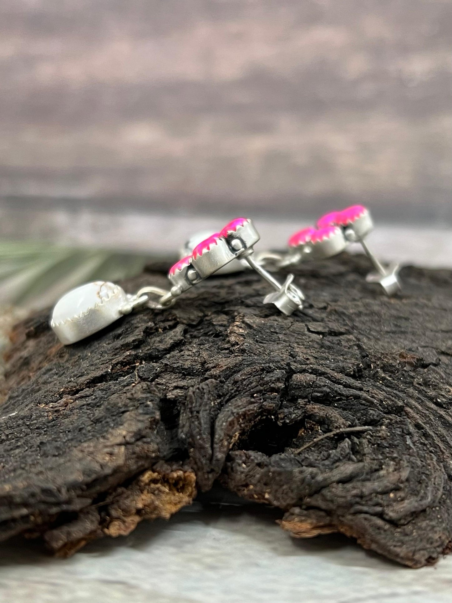 Handmade Sterling Silver Wild Horse with Pink Fire Opal Post Dangle Earrings, Signed Nizhoni (7)