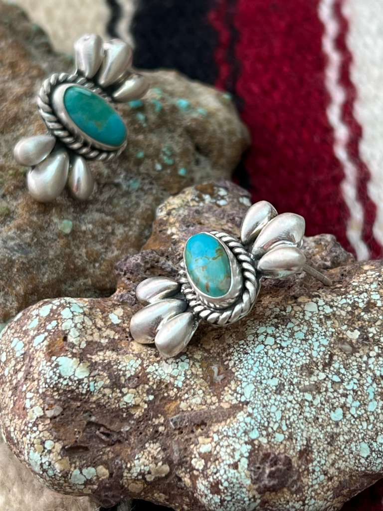 Handmade Sterling Silver Kingman Turquoise Post Studs with Signed Nizhoni