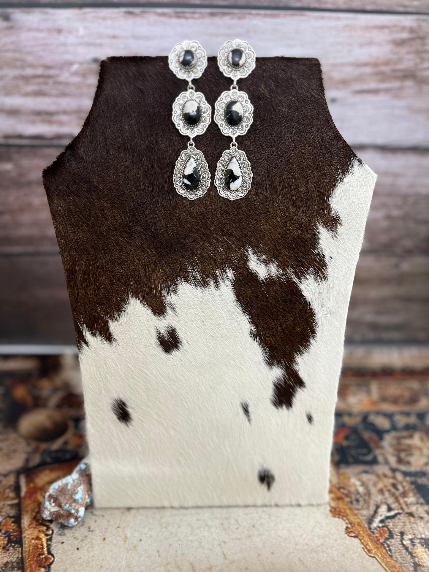 Handmade Sterling Silver White Buffalo Post Dangle Earrings with Signed Nizhoni