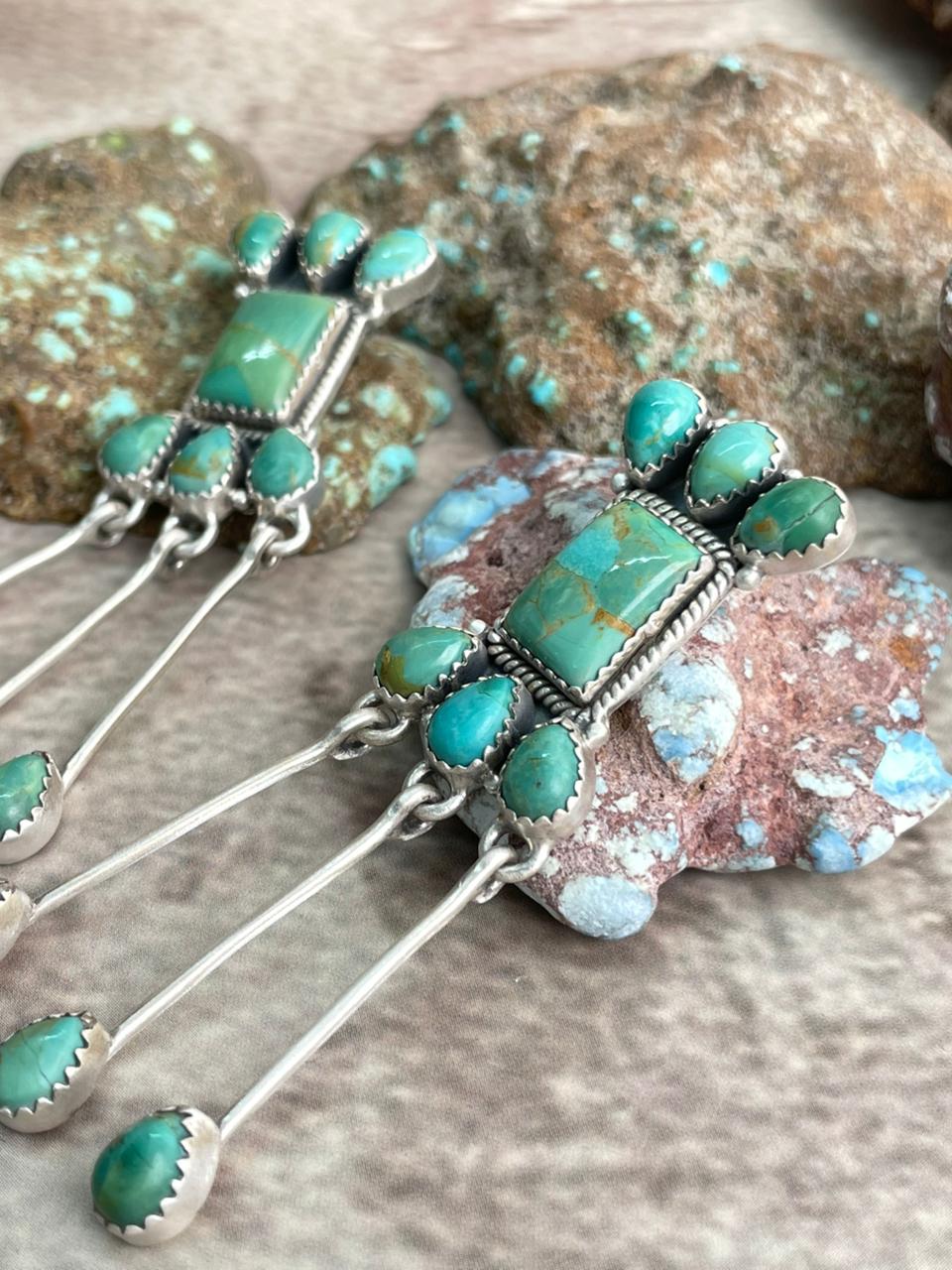 Handmade Sterling Silver Kingman Turquoise Post Dangle Earrings with Signed Nizhoni (9)