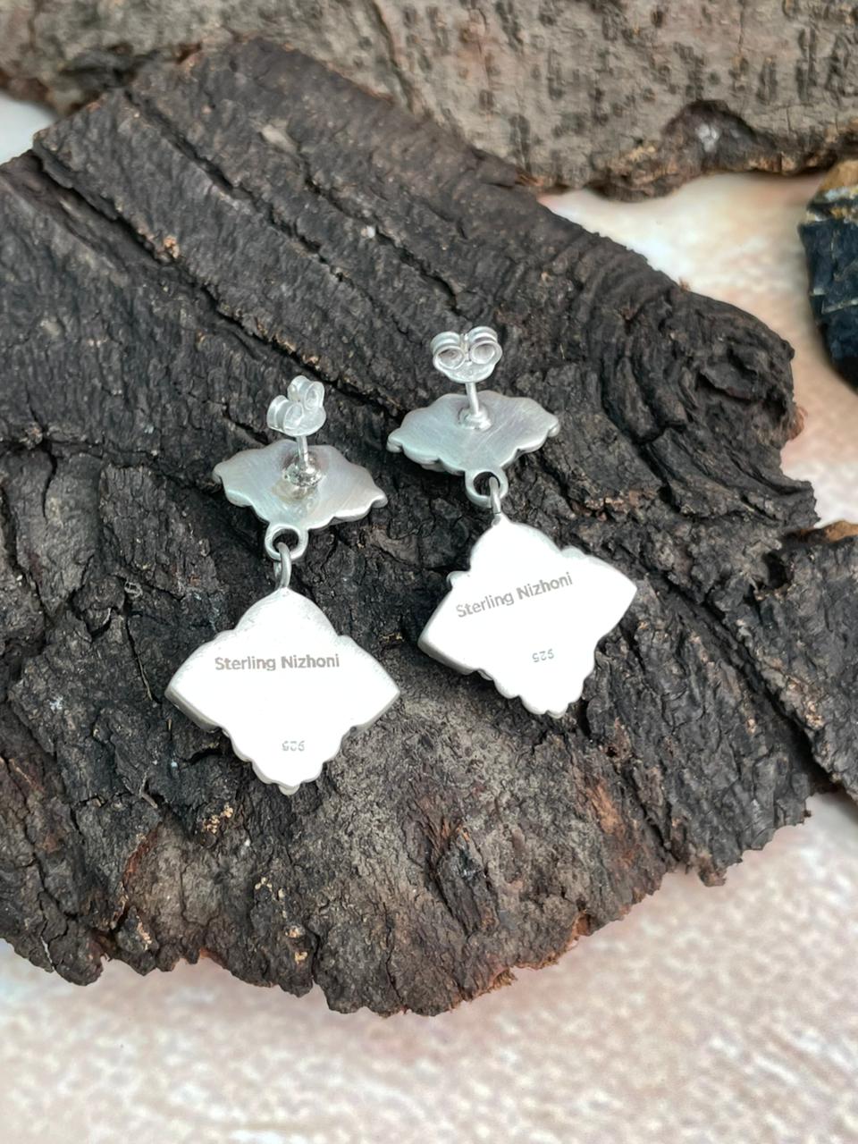Handmade Sterling Silver Kingman with Wildhorse, Black Onyx  Post Dangle Earrings Set "Signed Nizhoni"