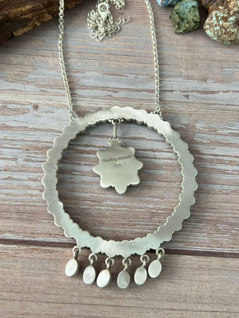 Handmade Sterling Silver Kingman Turquoise Necklace with Signed Nizhoni