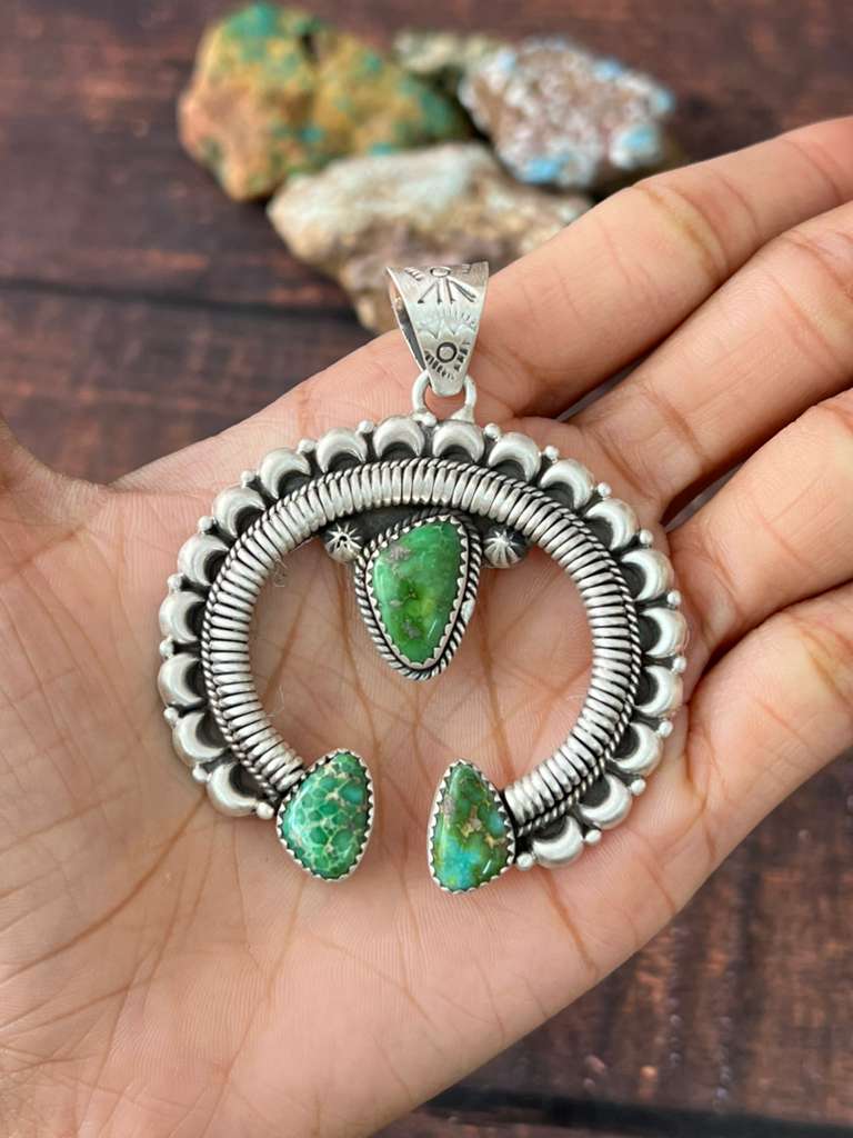Handmade Sterling Silver Sonoran Mountain Turquoise Pendant with Signed Nizhoni