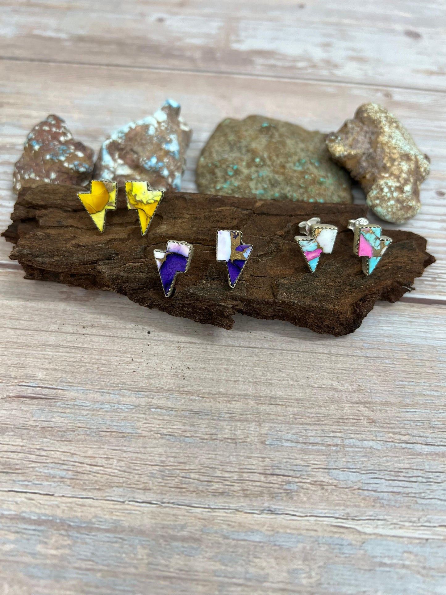 Handmade Sterling Silver Multi Stone Lightning Bolt Studs with Signed Nizhoni