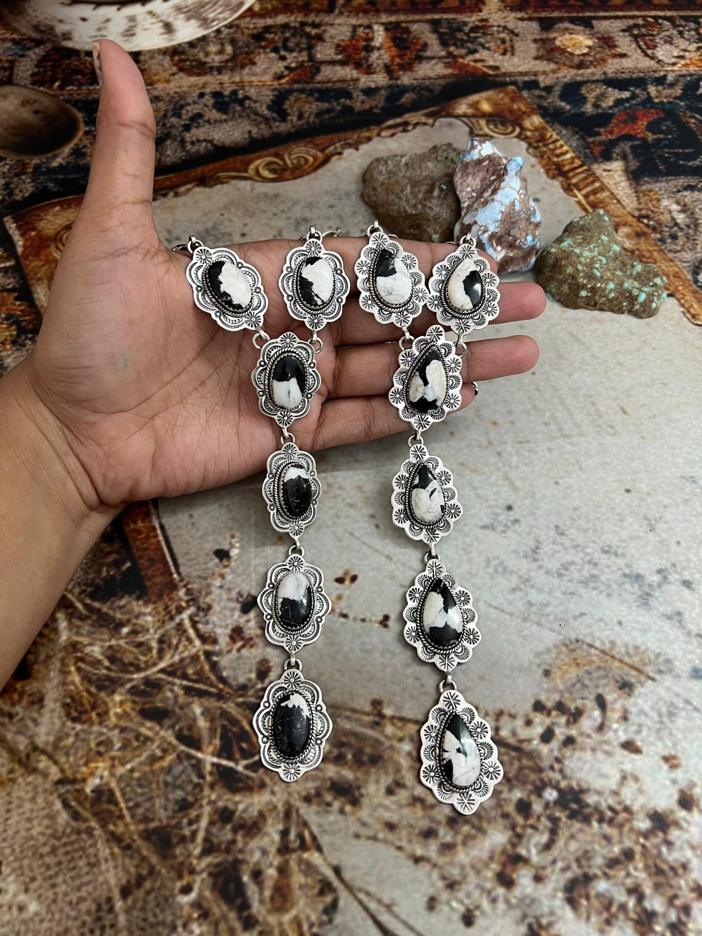 Handmade Sterling Silver White Buffalo Lariat Necklace with Signed Nizhoni