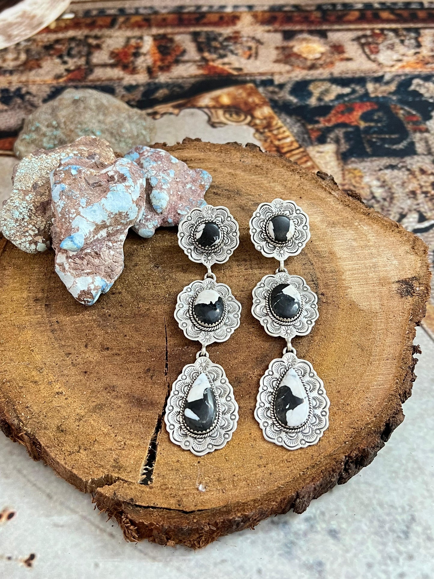 Handmade Sterling Silver White Buffalo Post Dangle Earrings with Signed Nizhoni