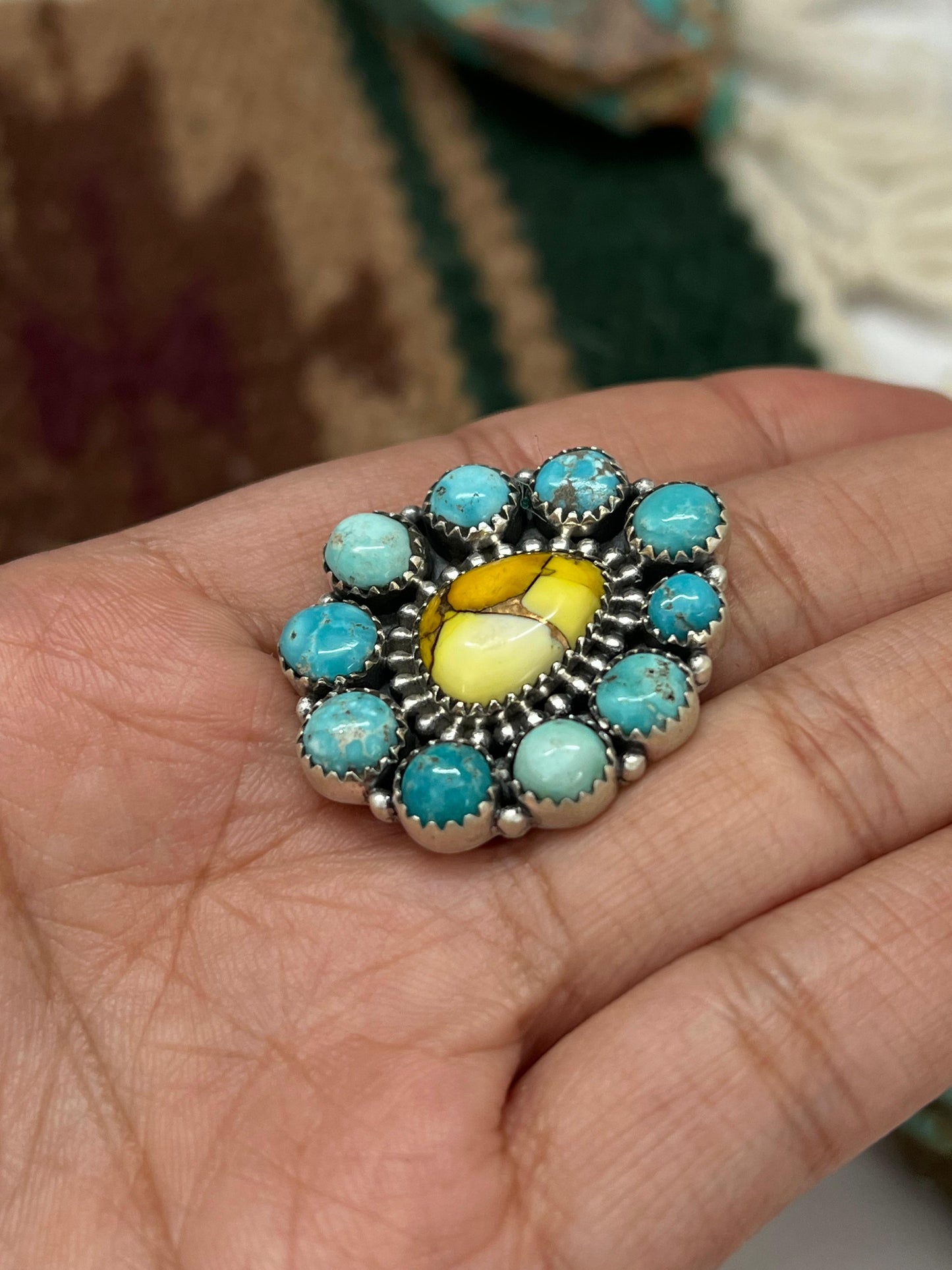 Handmade Sterling Silver White Water with Honey Dahlia Adjustable Ring with Signed Nizhoni