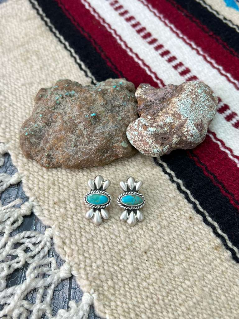 Handmade Sterling Silver Kingman Turquoise Post Studs with Signed Nizhoni