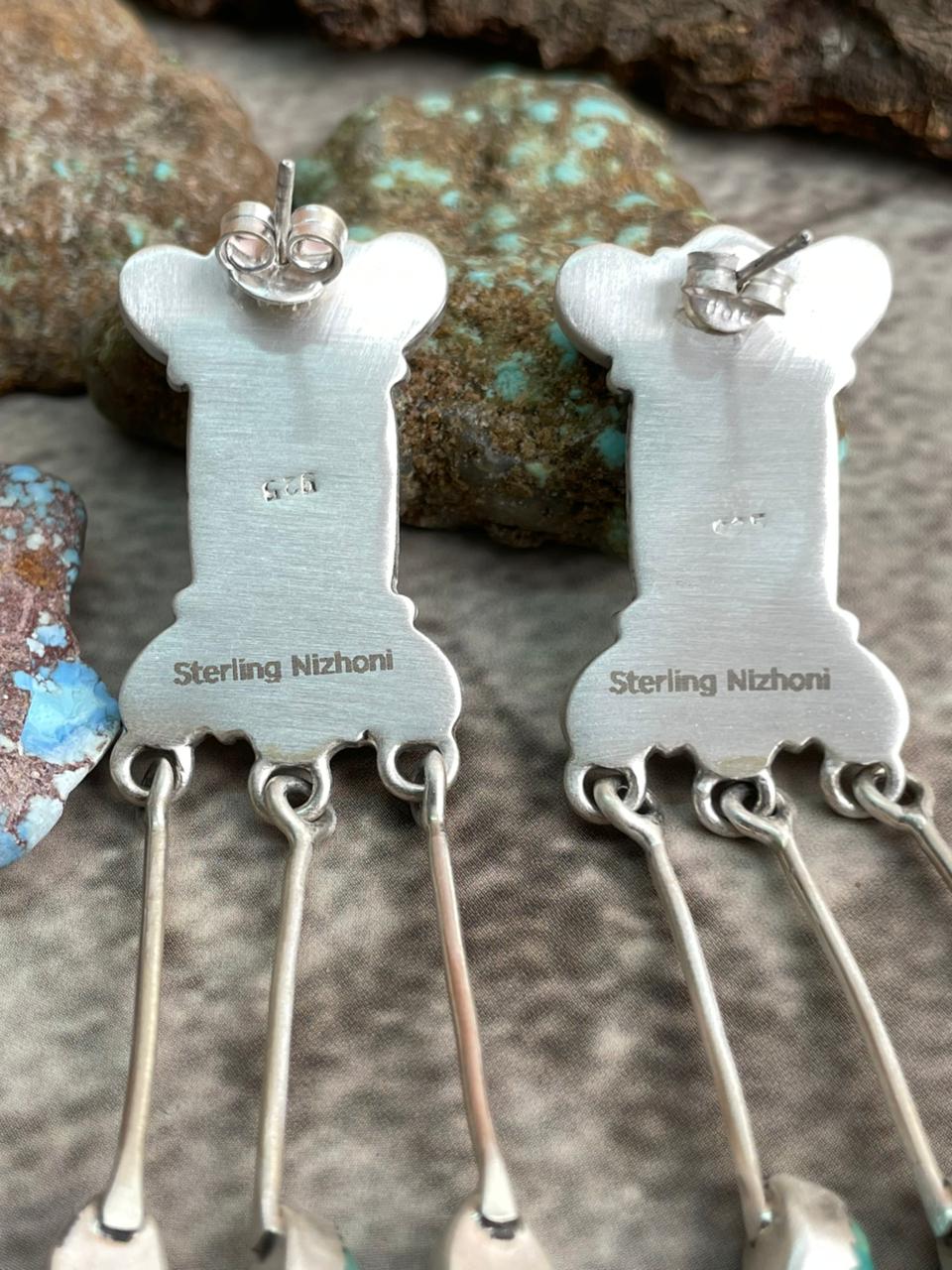 Handmade Sterling Silver Kingman Turquoise Post Dangle Earrings with Signed Nizhoni (9)