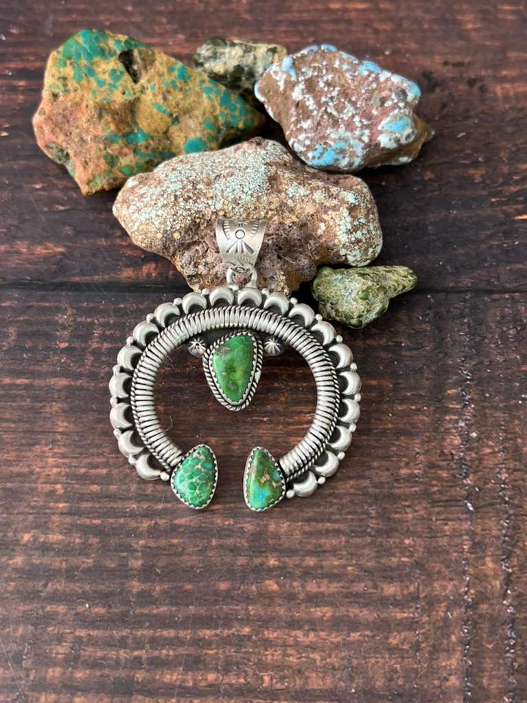 Handmade Sterling Silver Sonoran Mountain Turquoise Pendant with Signed Nizhoni