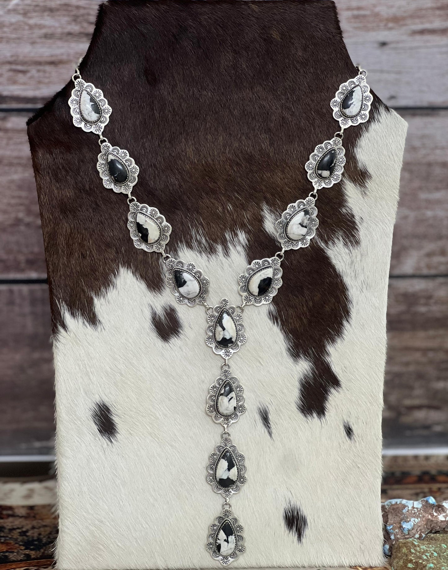 Handmade Sterling Silver White Buffalo Lariat Necklace with Signed Nizhoni