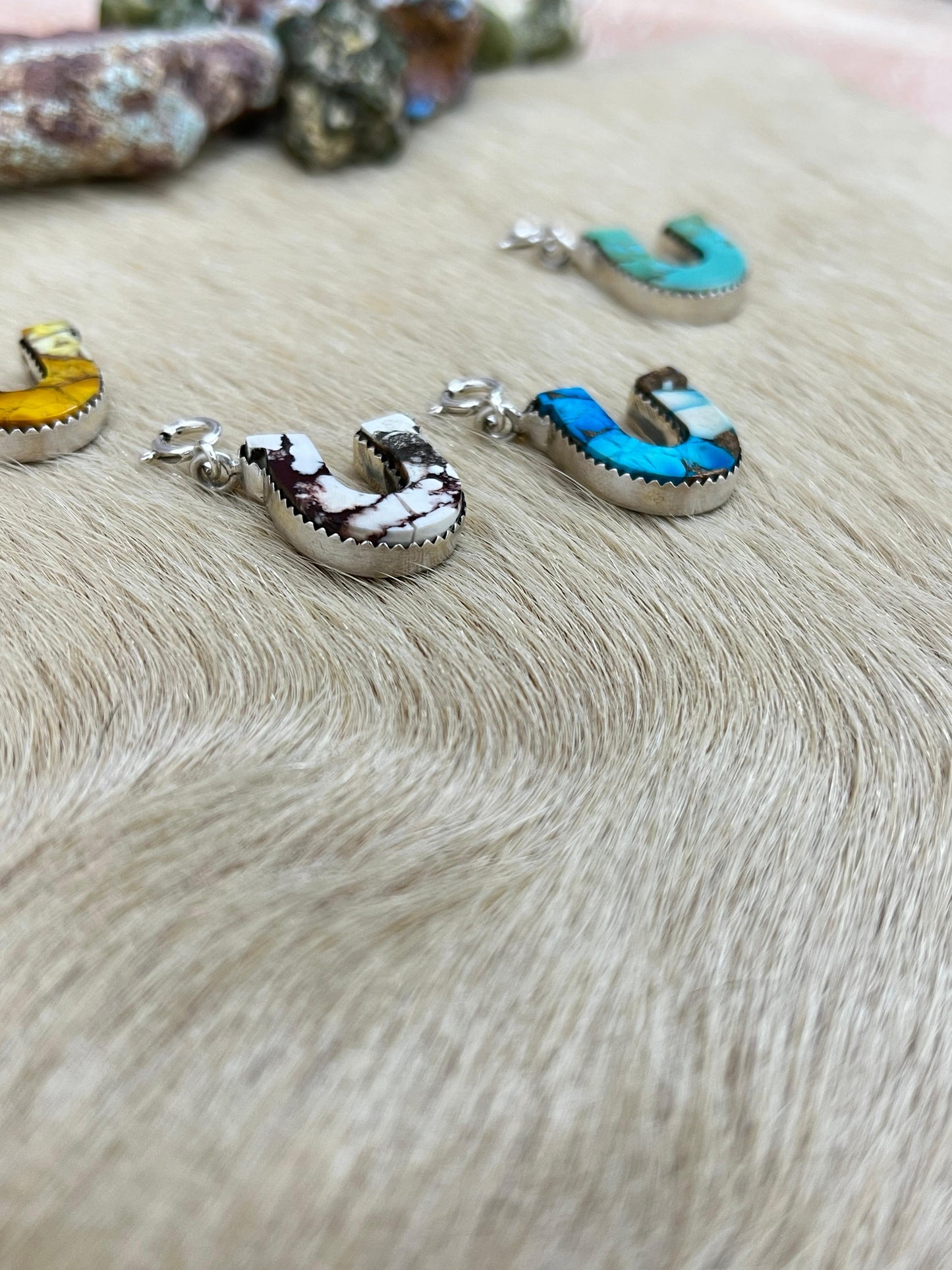 Handmade Horseshoe Sterling Silver Ice Blue Dahlia, Wild Horse, Kingman, Honey Dahlia Charms with Signed Nizhoni
