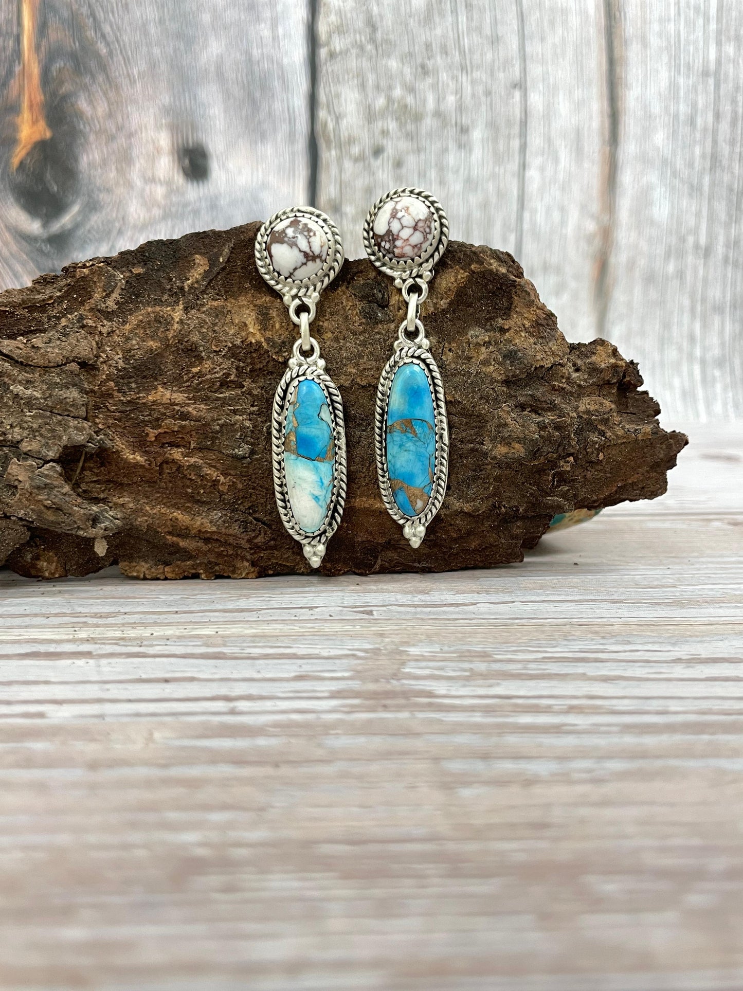 Handmade Sterling Silver Ice Blue Dahlia with Wild Horse Dangle Earrings, Signed Nizhoni