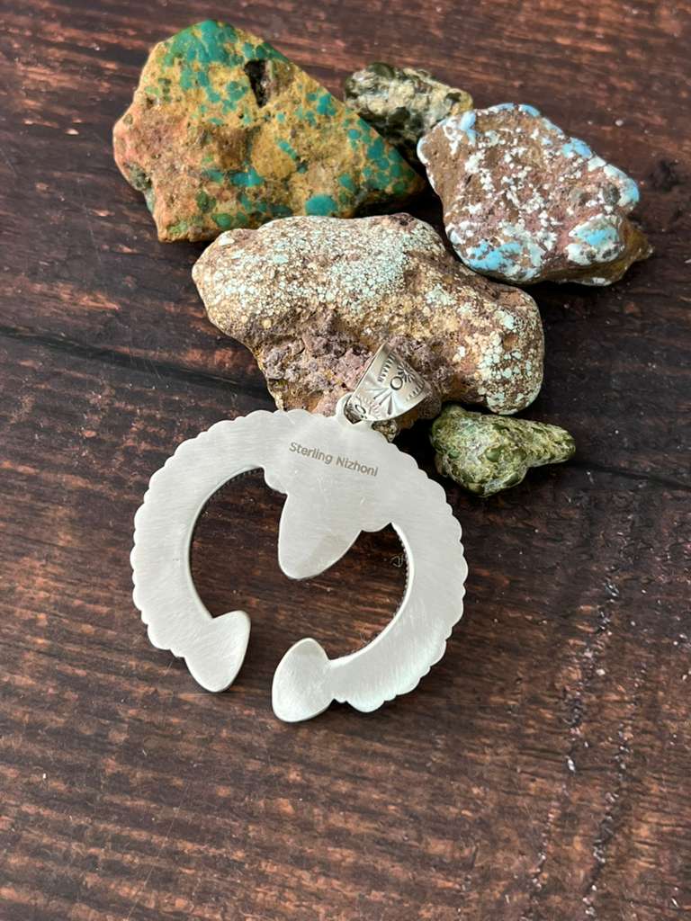 Handmade Sterling Silver Sonoran Mountain Turquoise Pendant with Signed Nizhoni