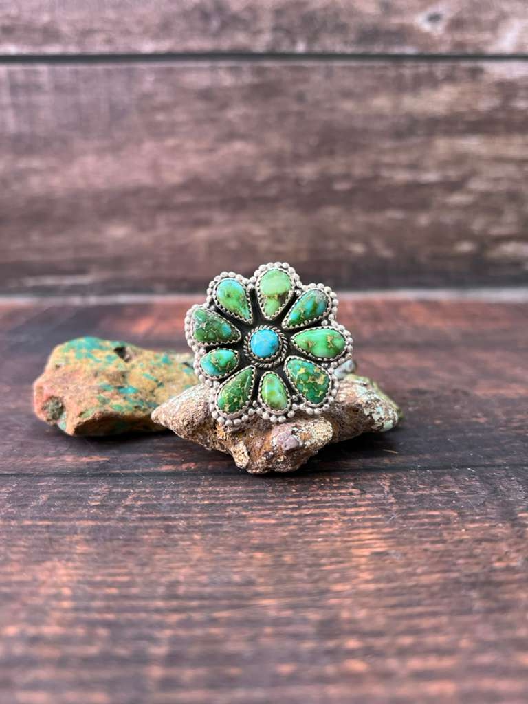 Handmade Sterling Silver Sonoran Mountain Turquoise with White Water Turquoise Adjustable Rings, Signed Nizhoni