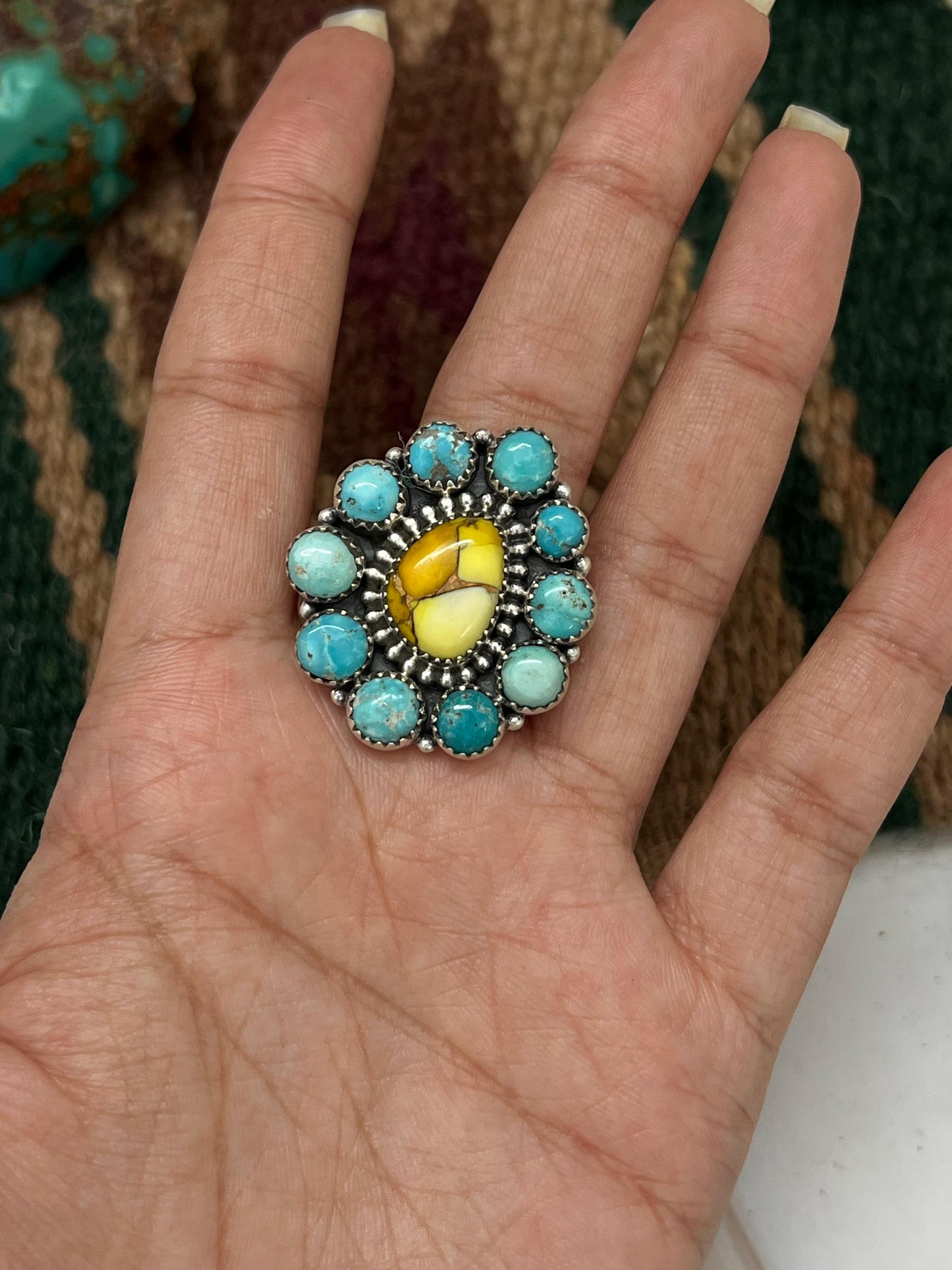 Handmade Sterling Silver White Water with Honey Dahlia Adjustable Ring with Signed Nizhoni