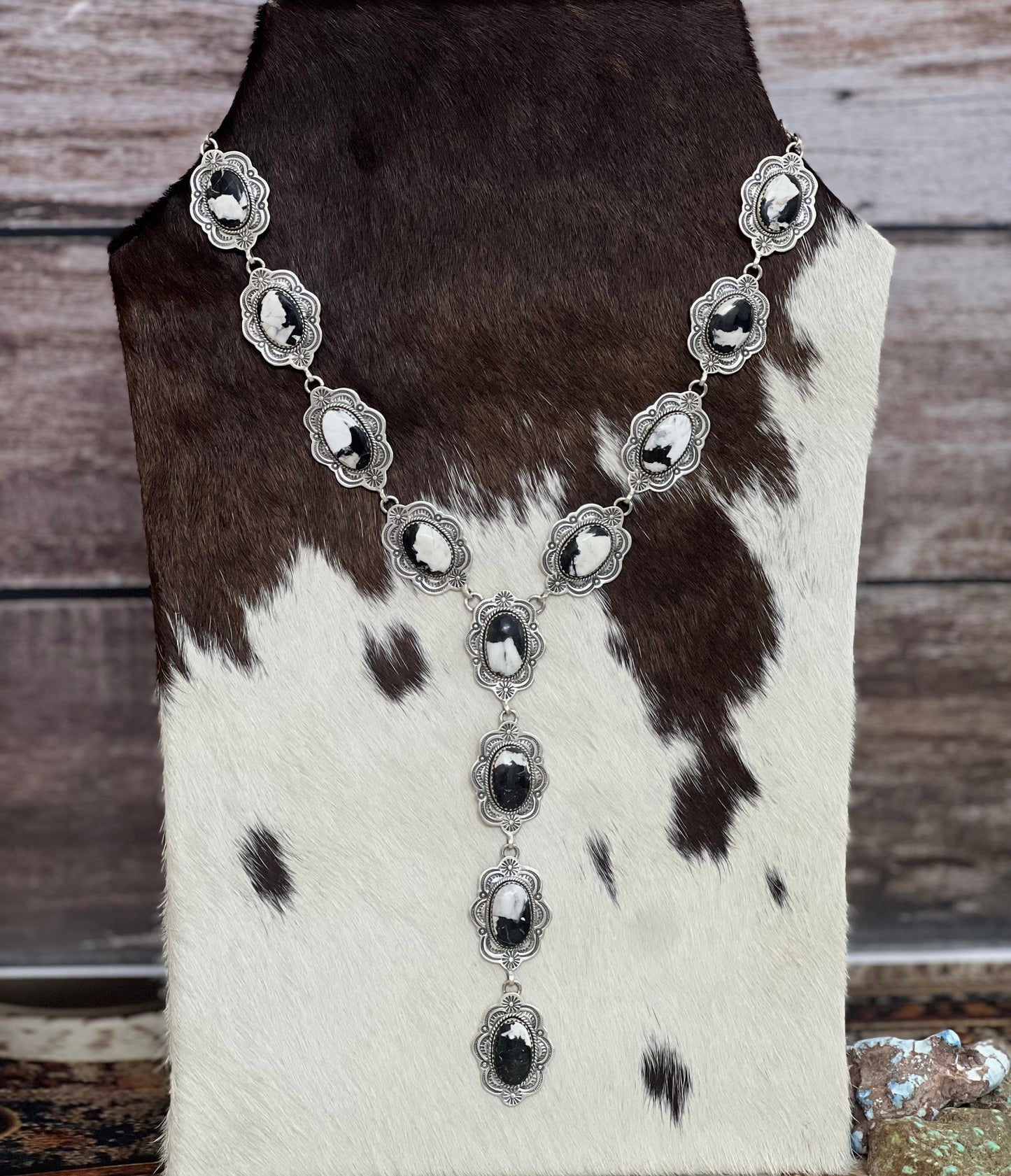 Handmade Sterling Silver White Buffalo Lariat Necklace with Signed Nizhoni