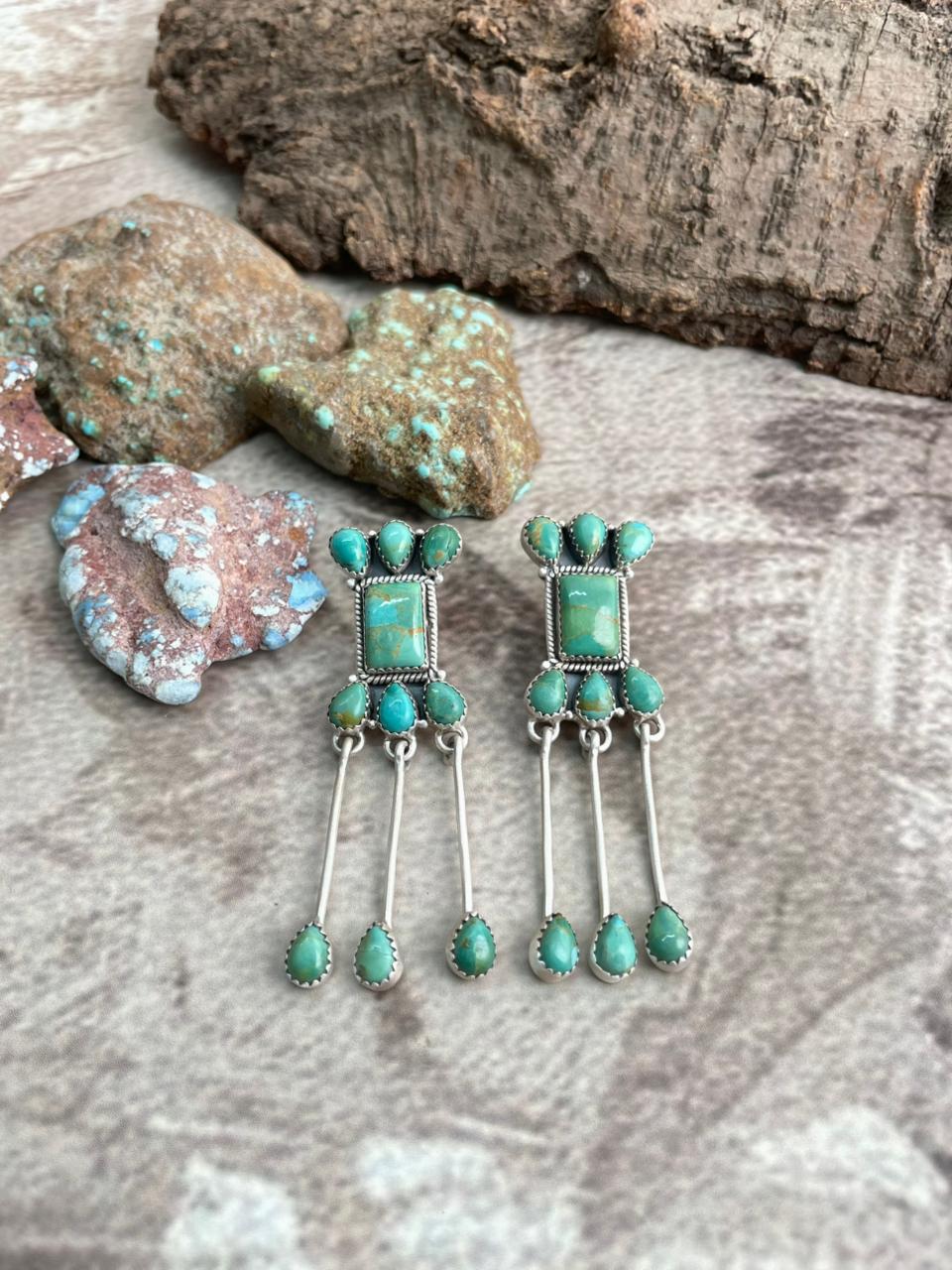 Handmade Sterling Silver Kingman Turquoise Post Dangle Earrings with Signed Nizhoni (9)
