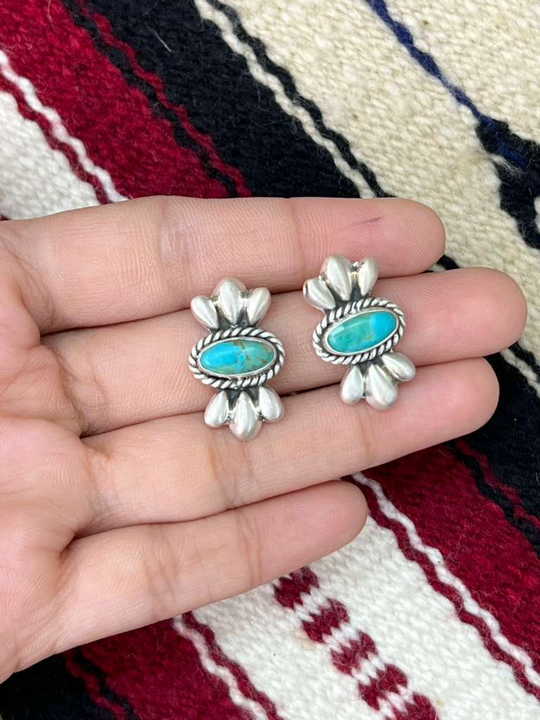 Handmade Sterling Silver Kingman Turquoise Post Studs with Signed Nizhoni