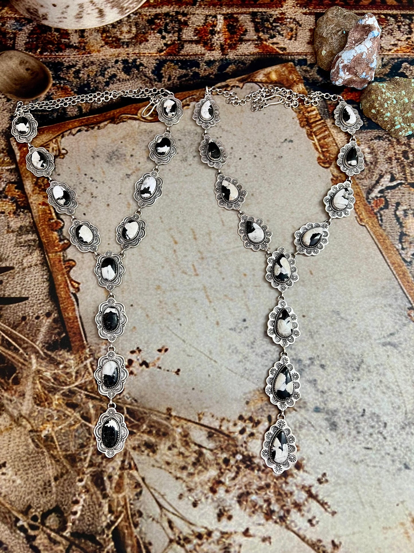 Handmade Sterling Silver White Buffalo Lariat Necklace with Signed Nizhoni