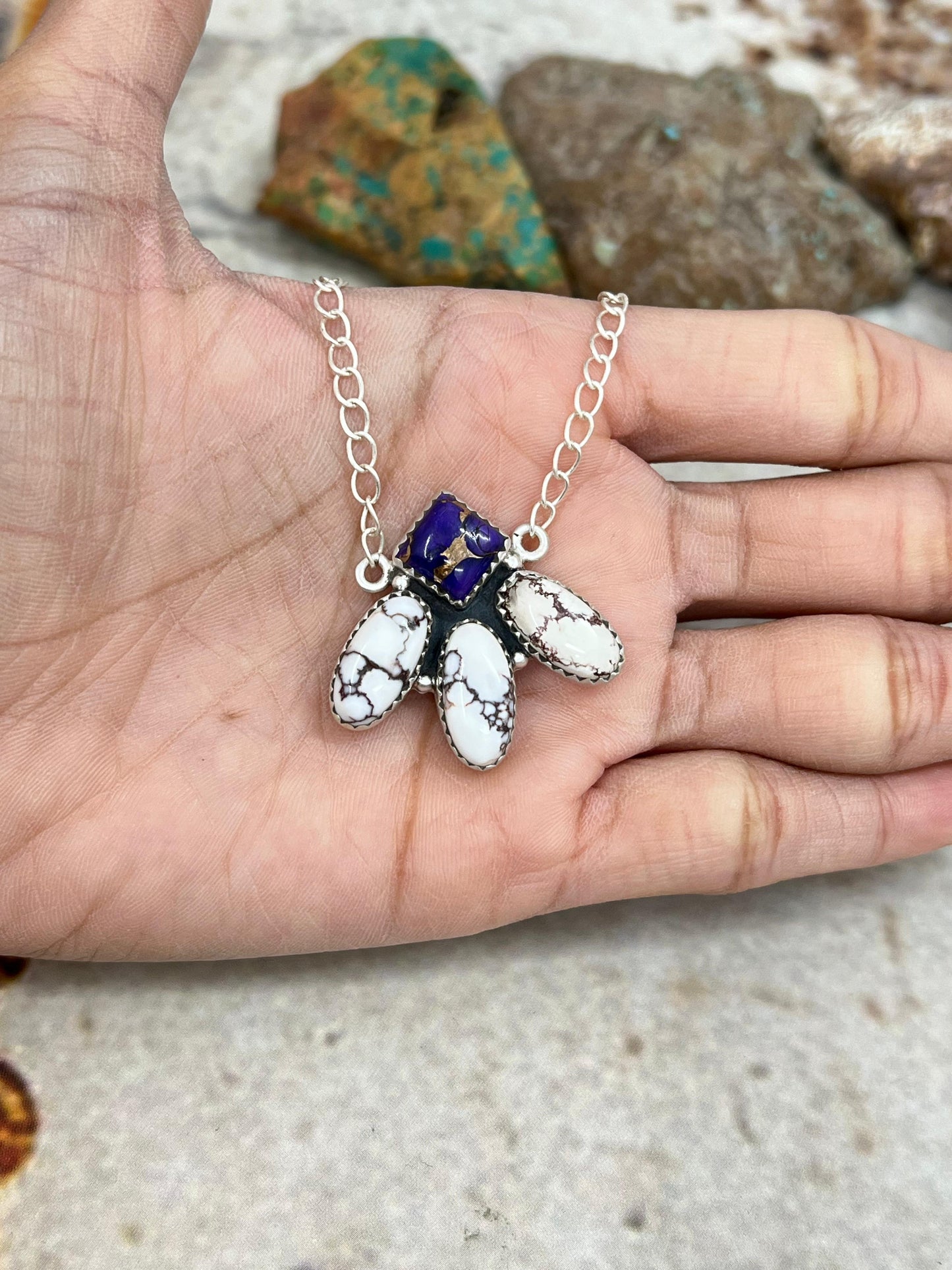 Handmade Sterling Silver Grape Dahlia with Wild Horse Necklace with Signed Nizhoni