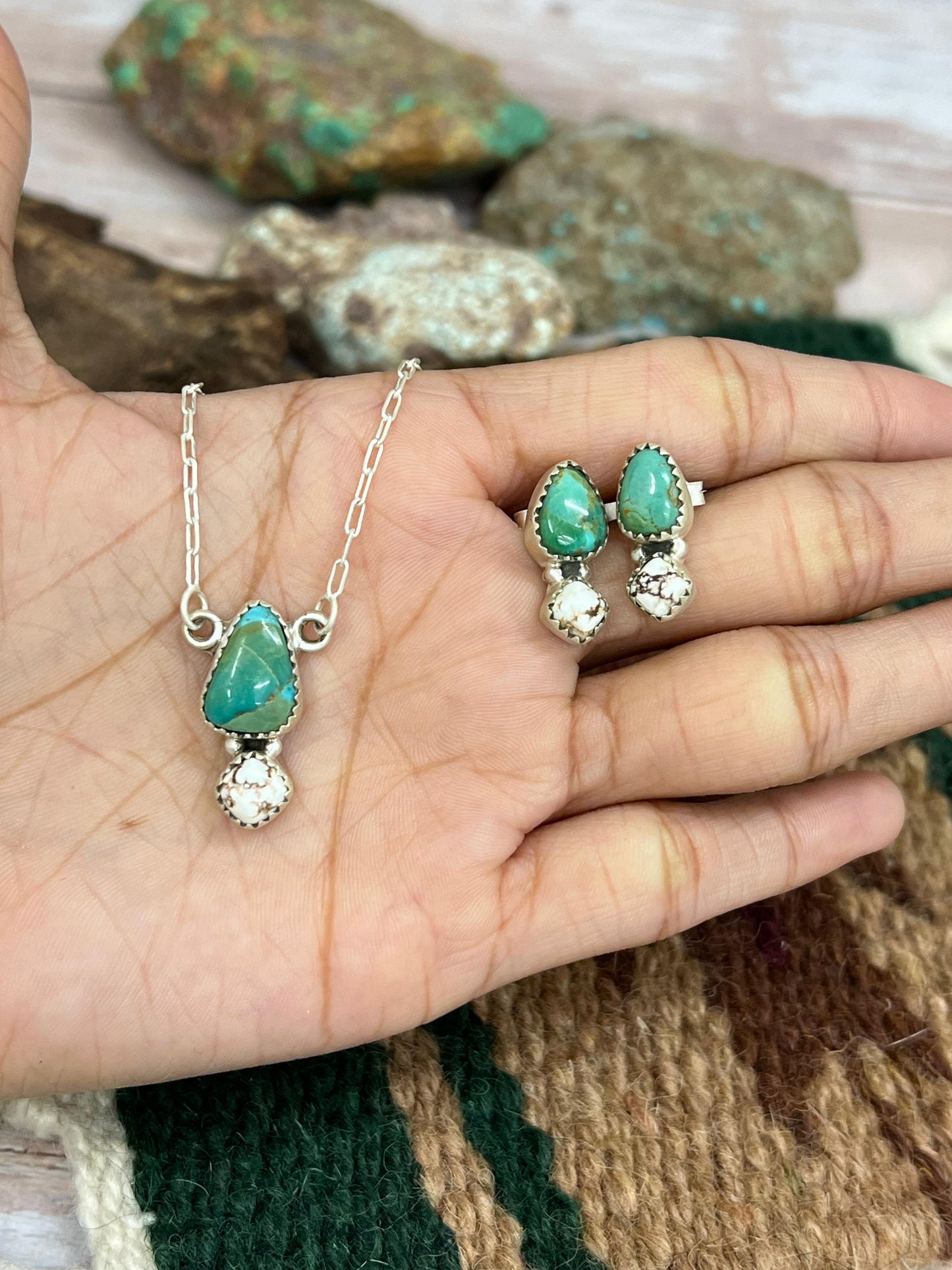 Handmade Sterling Silver Kingman Turquoise, Wild Horse Magnesite Necklace Earrings Set with Signed Nizhoni