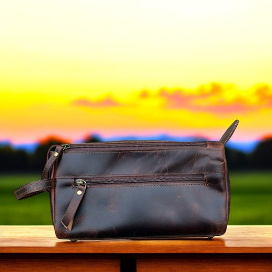 Double zipper rust leather toiletry bag