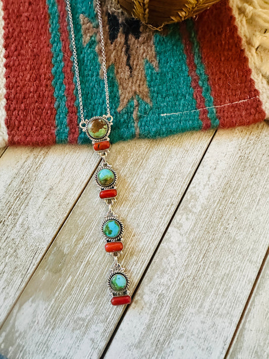 ** Christmas Collection ** Handmade Sterling Silver, Turquoise & Coral Necklace Signed Nizhoni