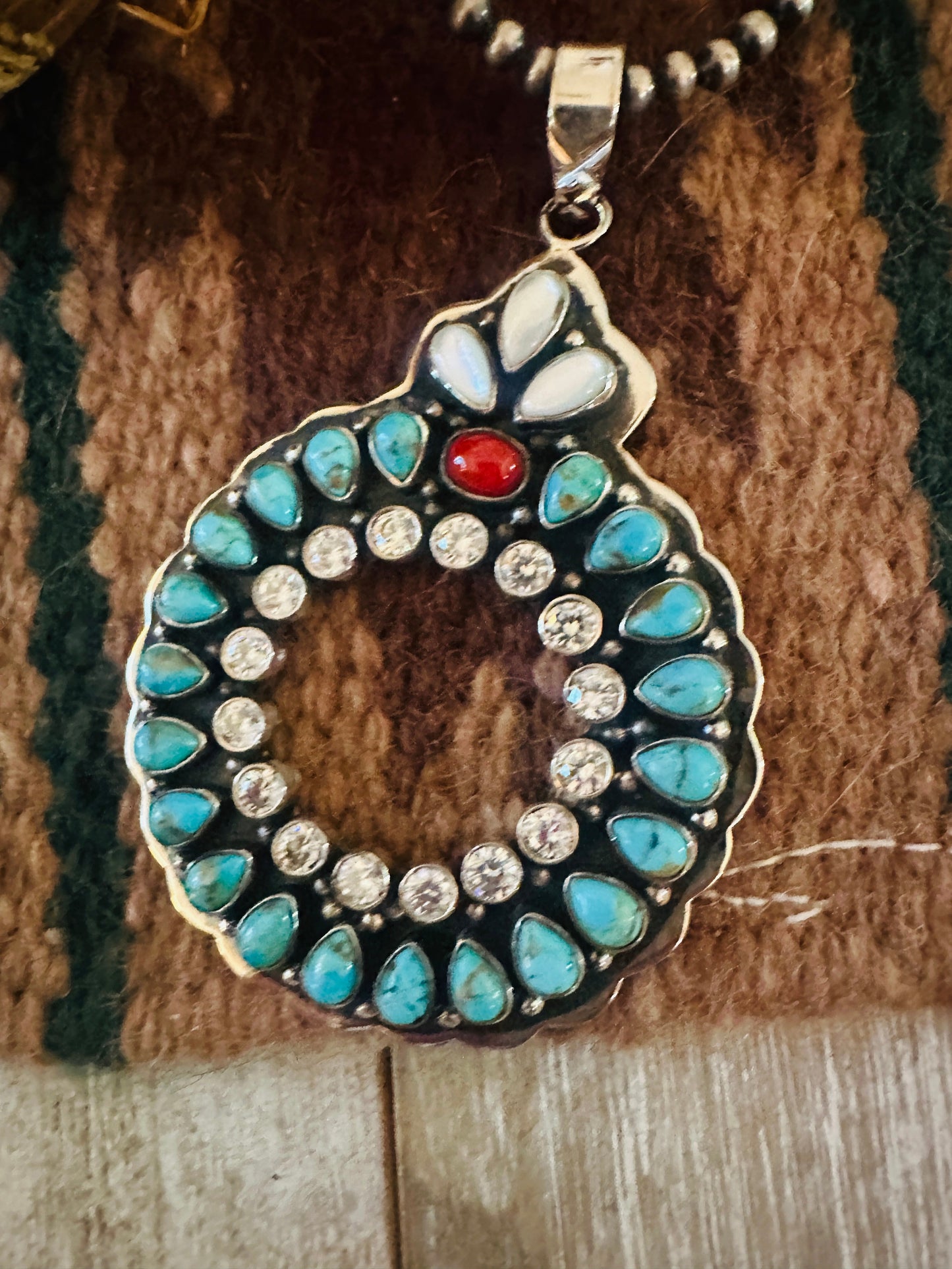 ** Christmas Collection ** Handmade Sterling Silver, Turquoise, Coral & CZ Wreath Pendant Signed Nizhoni
