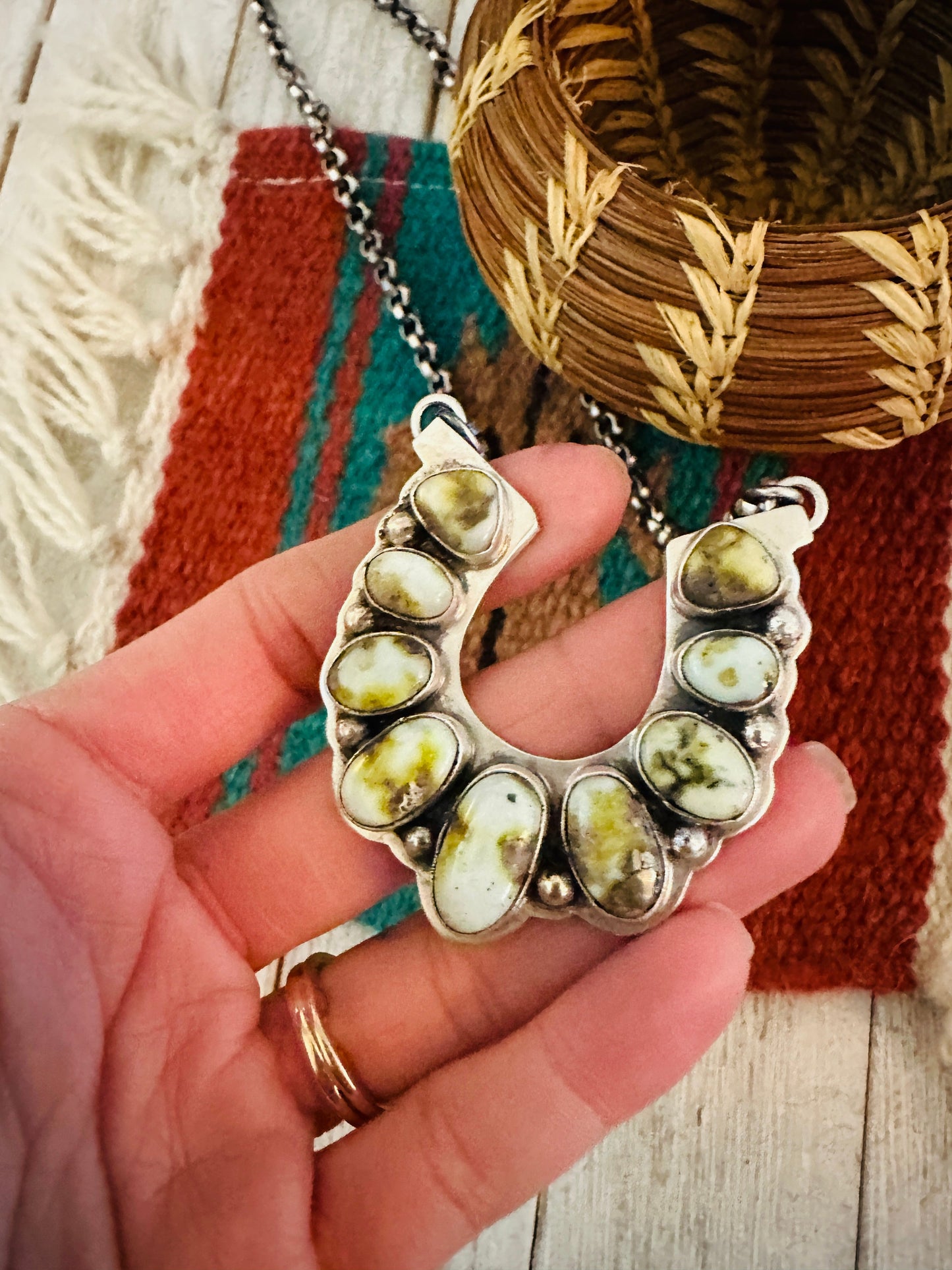 Handcrafted Beaded Sterling Silver & Palomino Turquoise Horseshoe Necklace