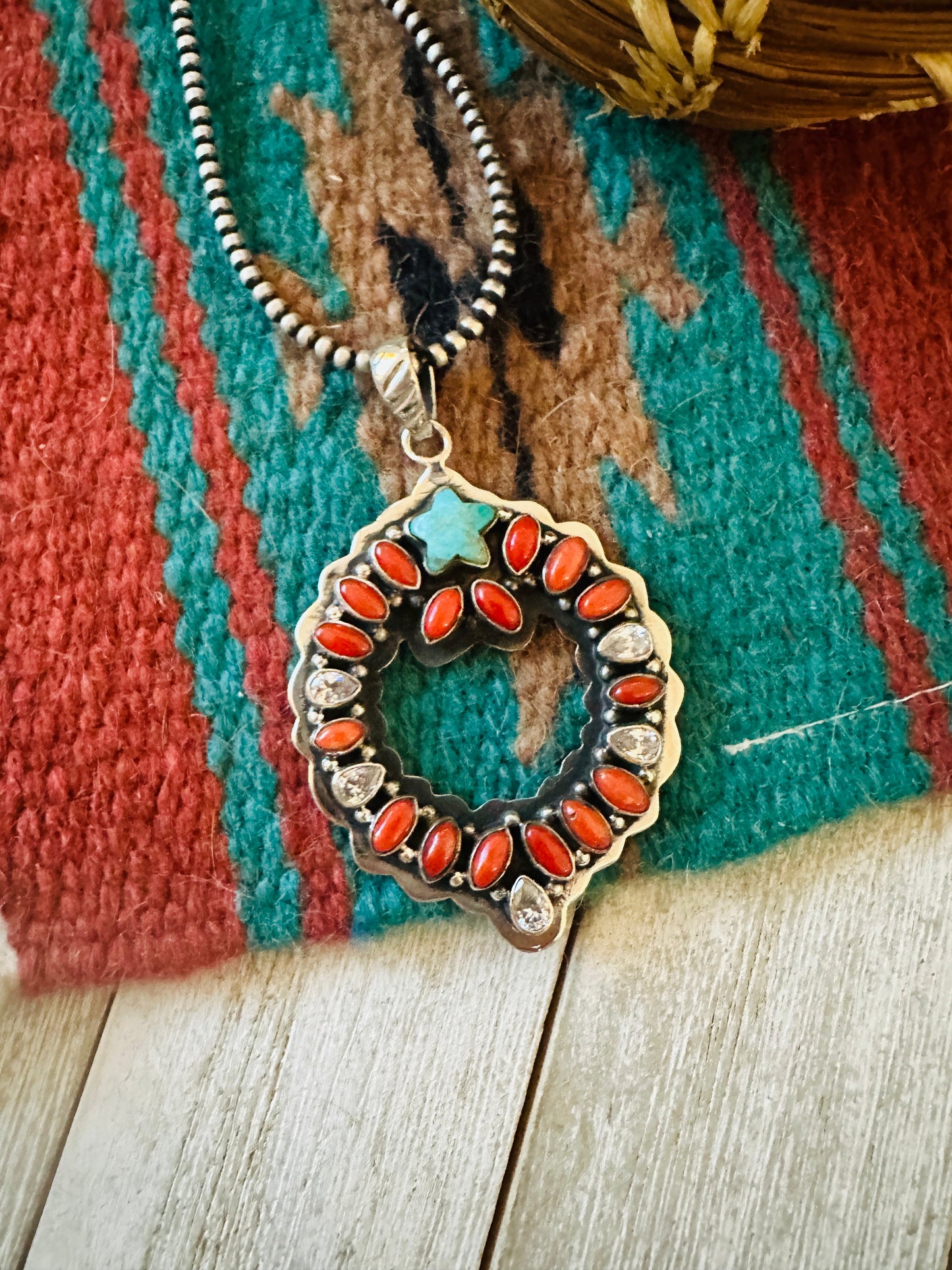 ** Christmas Collection ** Handmade Sterling Silver, Coral, Turquoise & CZ Wreath Pendant Signed Nizhoni
