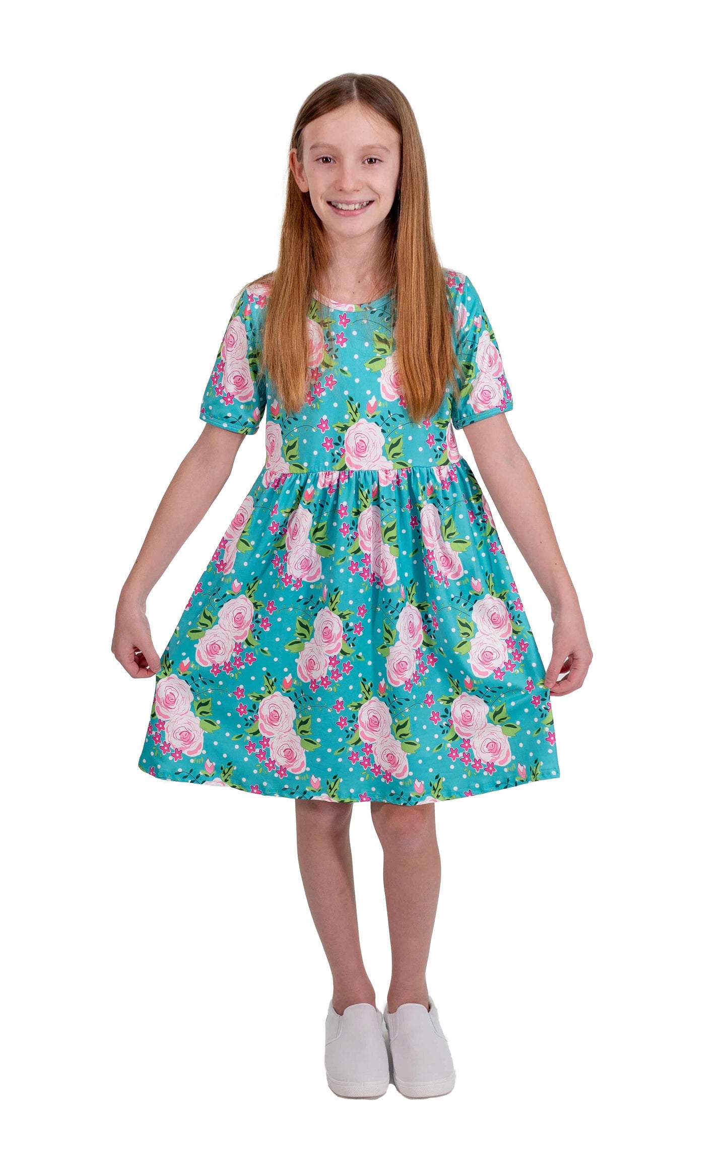 Teal Flower Short Sleeve Milk Silk Dress