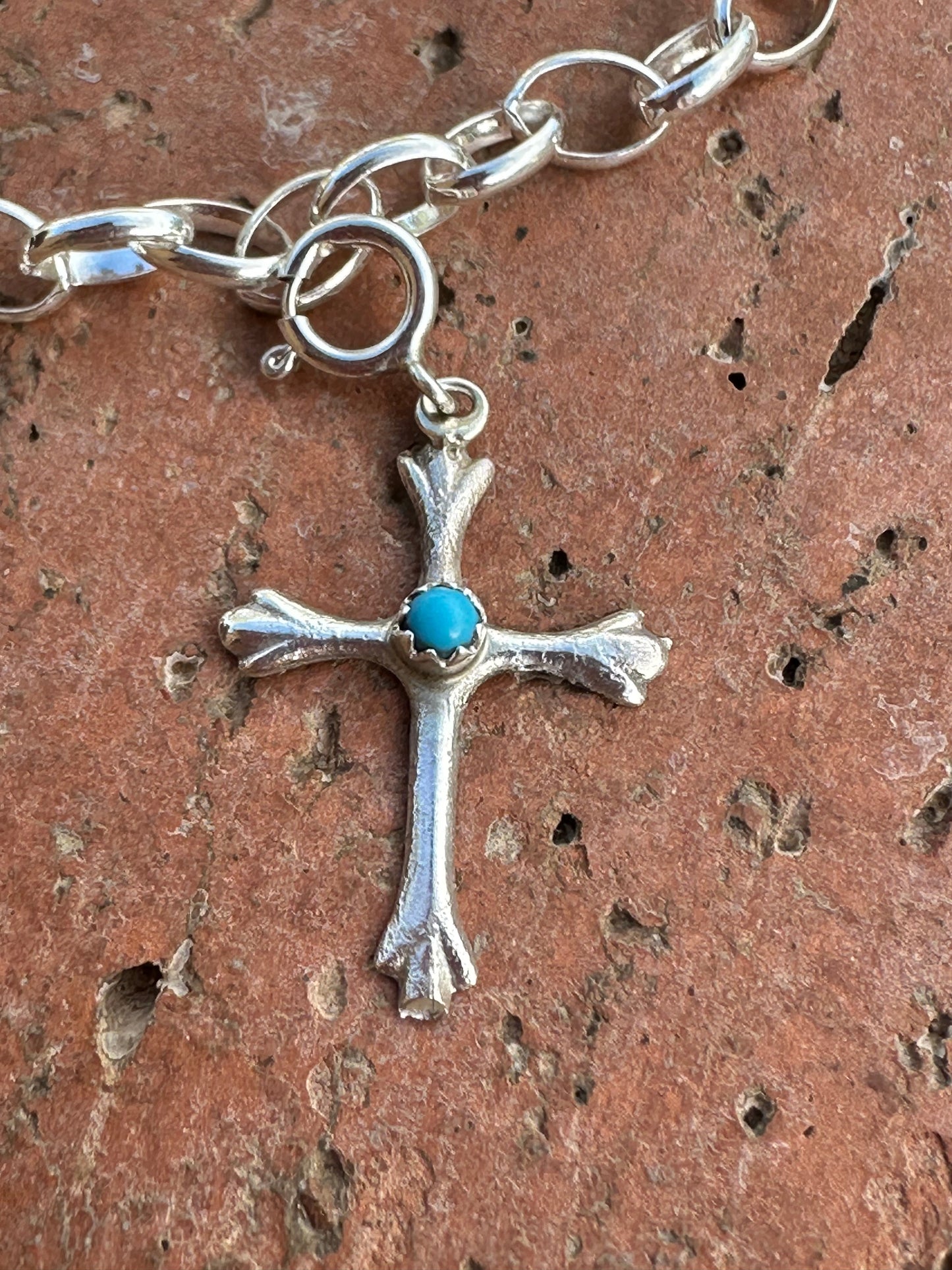 Handcrafted  Sterling Silver and Turquoise Hand Stamped Cross charm