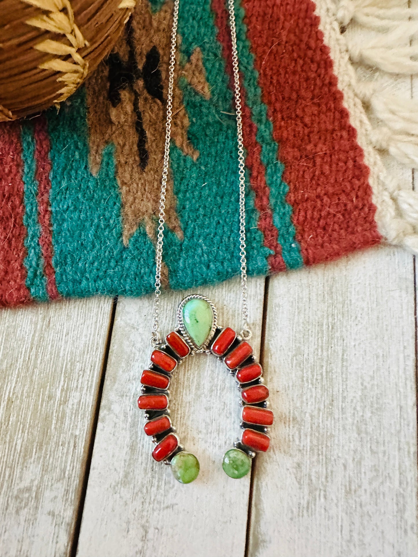 ** Christmas Collection ** Handmade Sterling Silver, Turquoise & Coral Naja Necklace Signed Nizhoni