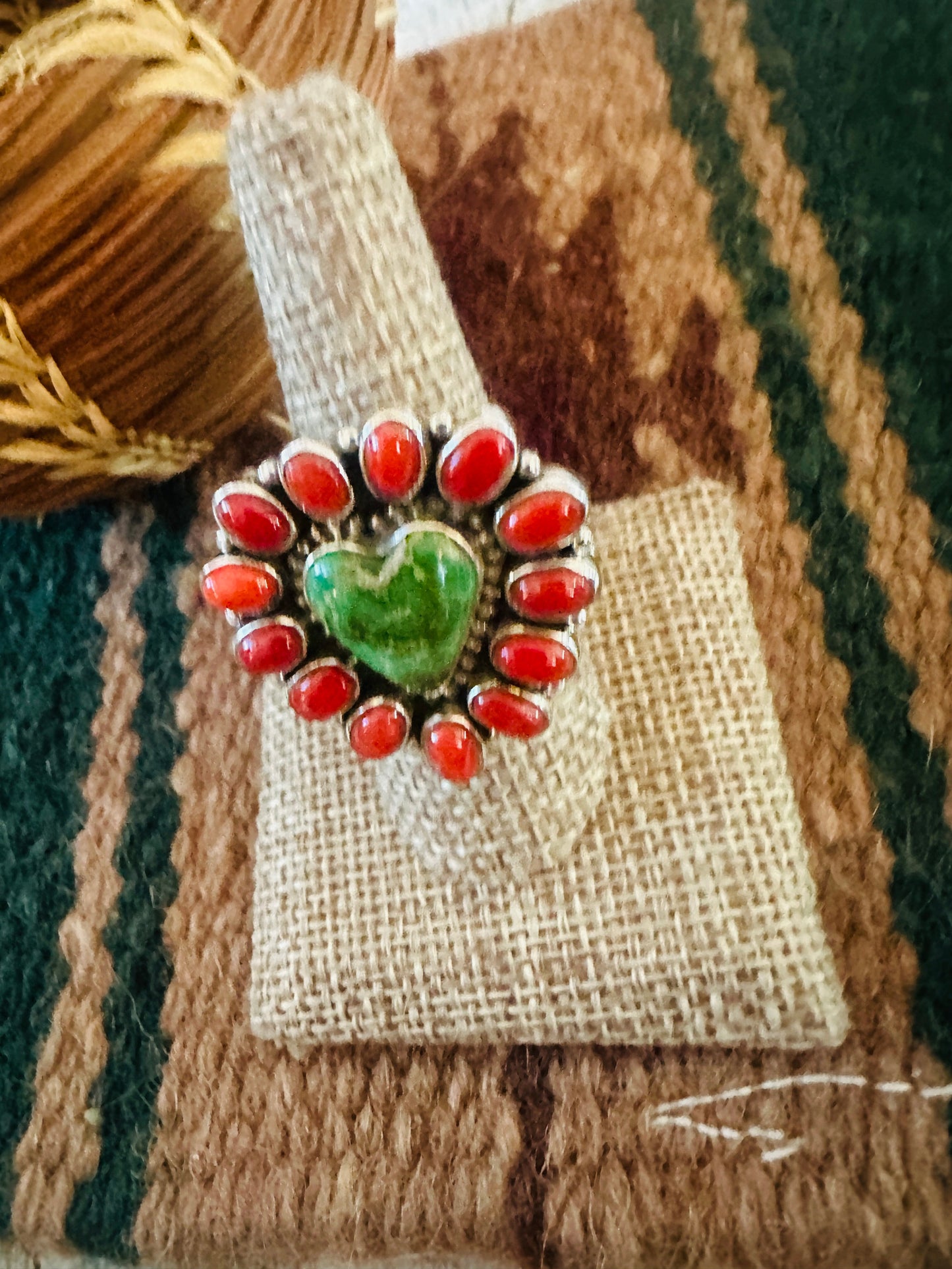 ** Christmas Collection ** Handmade Sterling Silver, Turquoise & Coral Adjustable Ring Signed Nizhoni