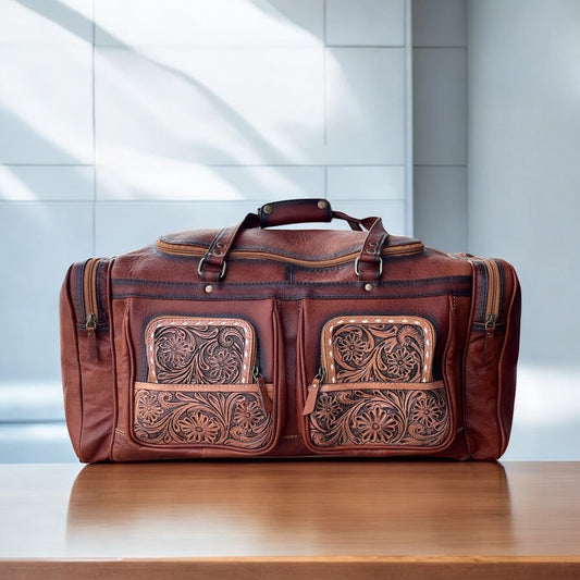 Floral tooled leather duffle bag